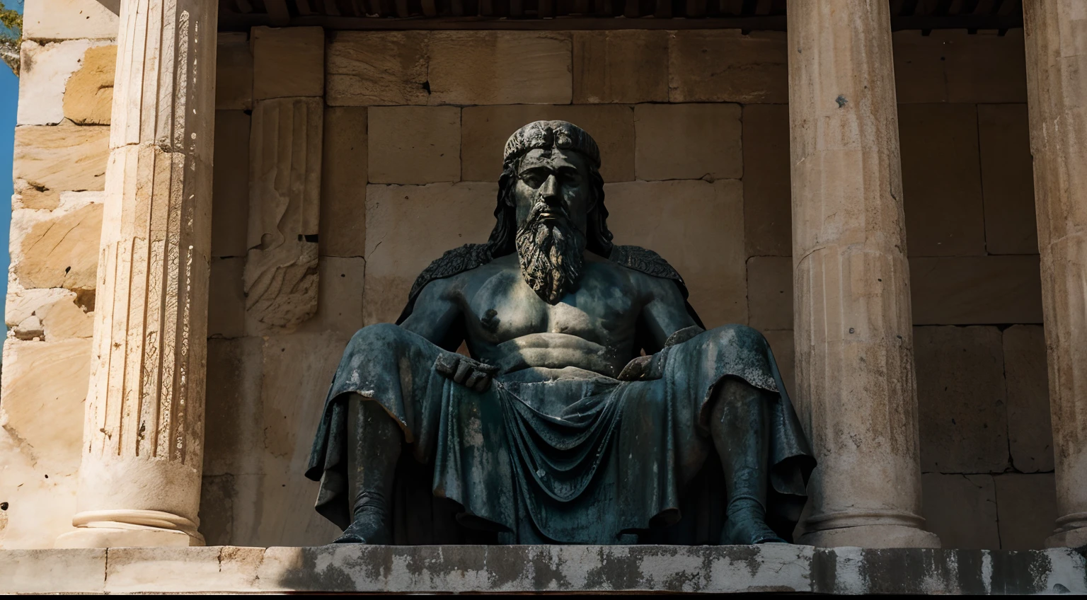 Ancient Stoic Statue With Very Angry Expression, tem barba, muitos detalhes em ambos os olhos, Outside, fundo atenas grego, open sky, com rosto extremamente detalhado full body view, Colors with low saturation with dark tone, Filmado em Sony A7S III com Sony FE 35mm f/1.8, 12.1 MP, --AR 3:2 --estilo cru
