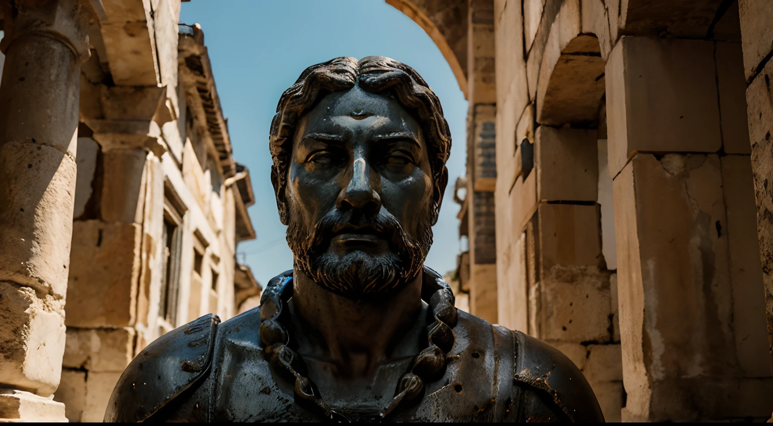 Ancient Stoic Statue With Very Angry Expression, tem barba, muitos detalhes em ambos os olhos, Outside, fundo atenas grego, open sky, com rosto extremamente detalhado full body view, Colors with low saturation with dark tone, Filmado em Sony A7S III com Sony FE 35mm f/1.8, 12.1 MP, --AR 3:2 --estilo cru