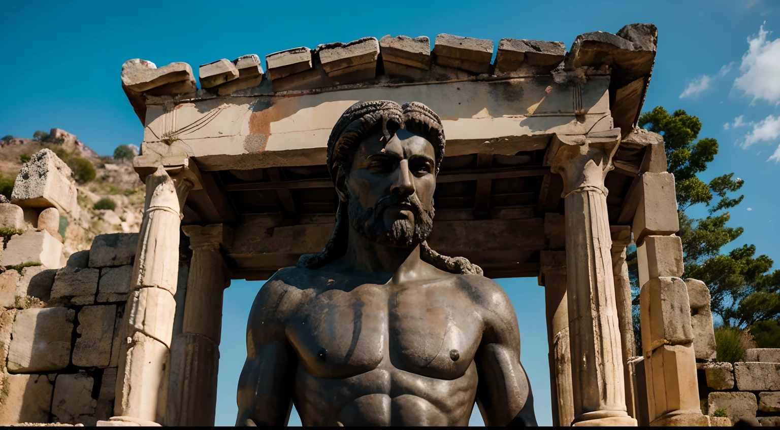 Ancient Stoic Statue With Very Angry Expression, tem barba, muitos detalhes em ambos os olhos, Outside, fundo atenas grego, open sky, com rosto extremamente detalhado full body view, Colors with low saturation with dark tone, Filmado em Sony A7S III com Sony FE 35mm f/1.8, 12.1 MP, --AR 3:2 --estilo cru