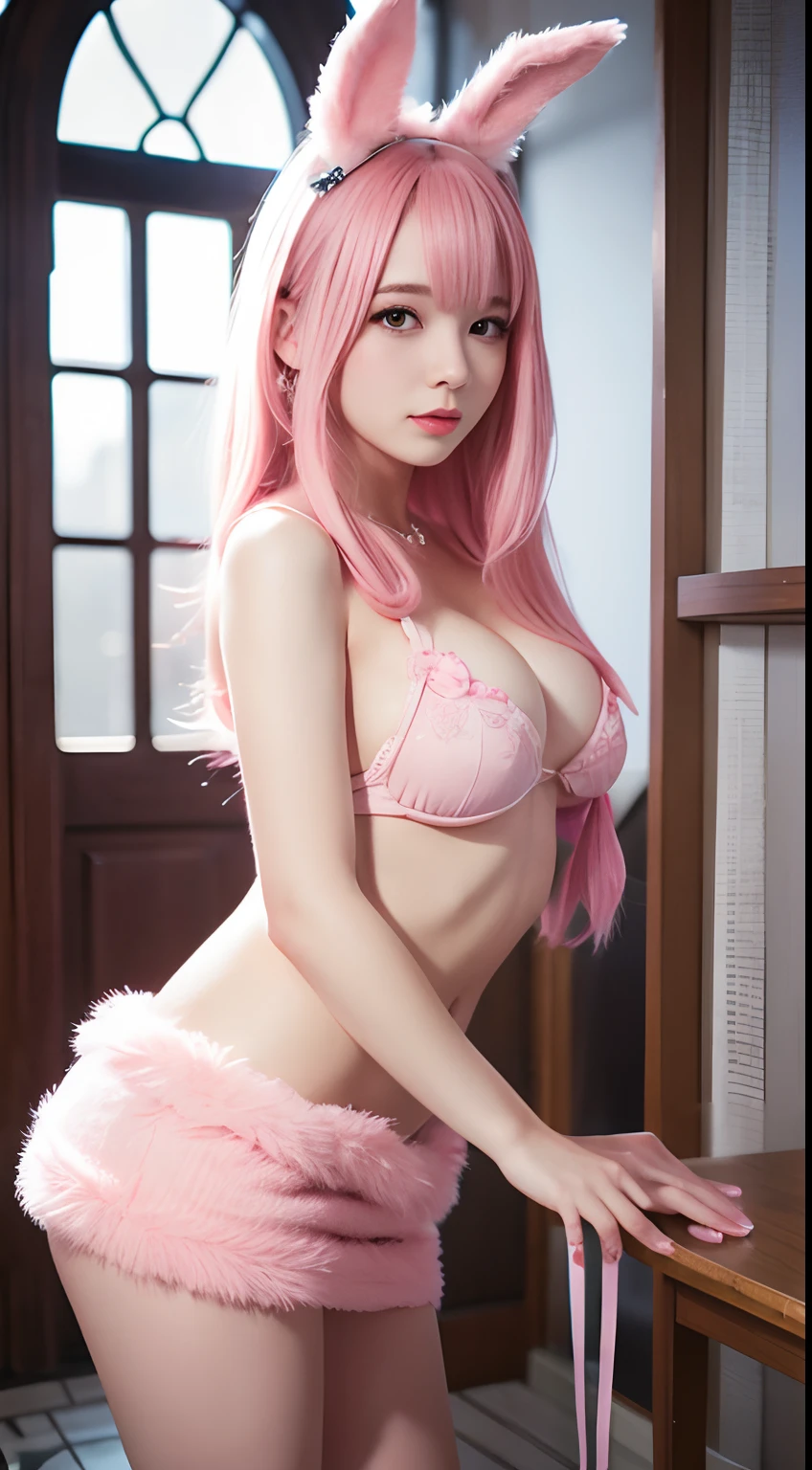 Cute and sexy girls, Pink hair, bunnygirl, A hyper-realistic, Detailed Lighting, a miniskirt