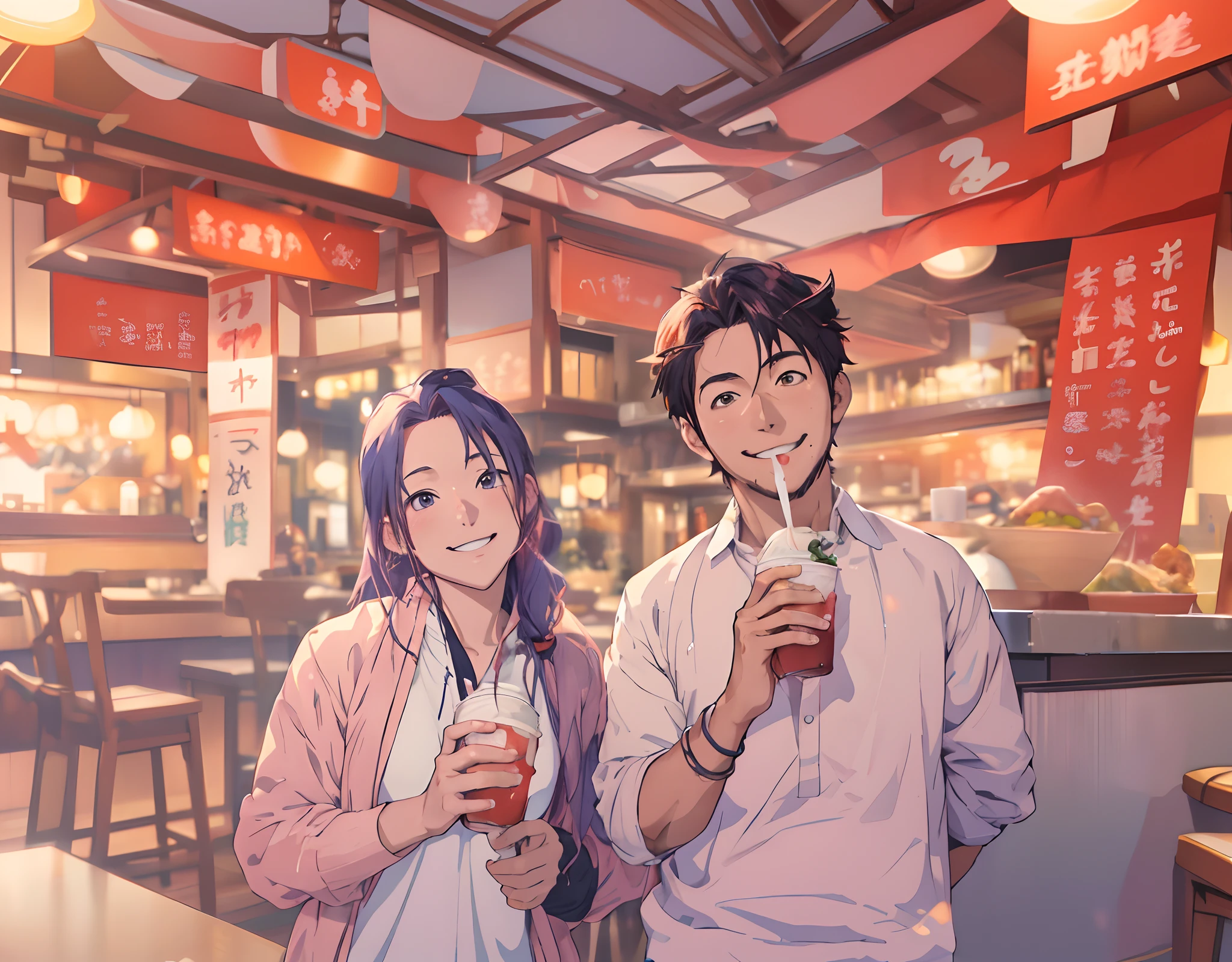 Anime realistic 8k resolution cute anime couple change background into a restaurant ultra realistic. Change my photo into the perfect anime character. don't change the color of hairs of girl