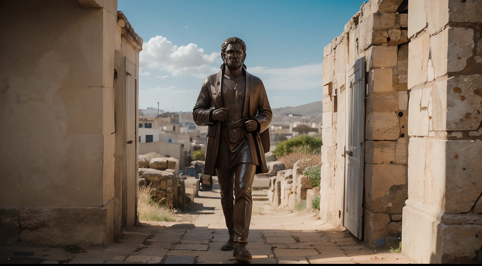 Ancient Stoic Statue With Very Angry Expression, tem barba, muitos detalhes em ambos os olhos, Outside, fundo atenas grego, open sky, com rosto extremamente detalhado full body view, Colors with low saturation with dark tone, Filmado em Sony A7S III com Sony FE 35mm f/1.8, 12.1 MP, --AR 3:2 --estilo cru