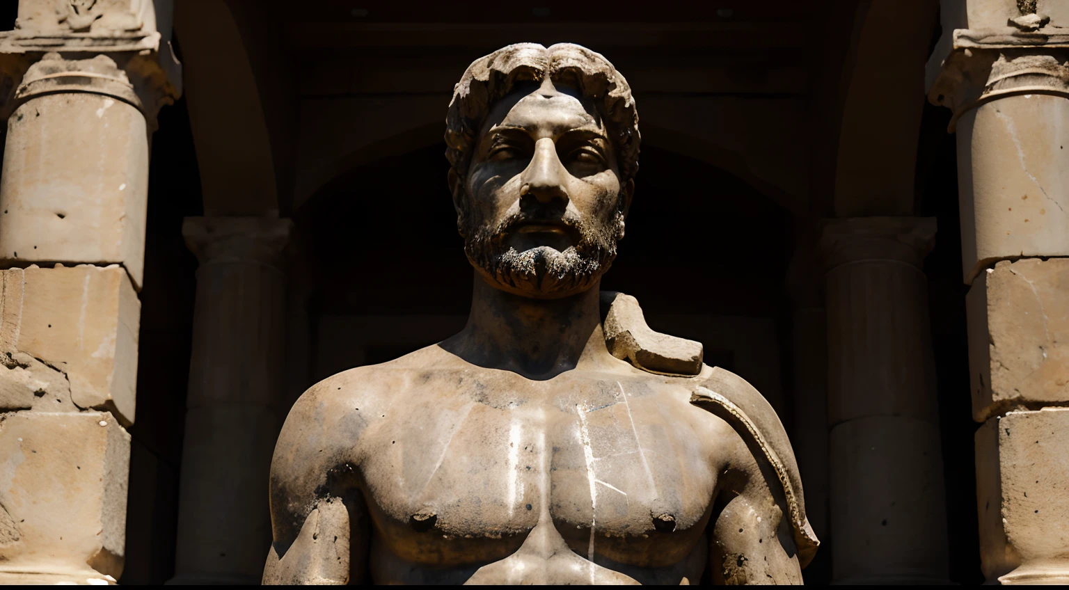 Ancient Stoic Statue With Very Angry Expression, tem barba, muitos detalhes em ambos os olhos, Outside, fundo atenas grego, open sky, com rosto extremamente detalhado full body view, Colors with low saturation with dark tone, Filmado em Sony A7S III com Sony FE 35mm f/1.8, 12.1 MP, --AR 3:2 --estilo cru
