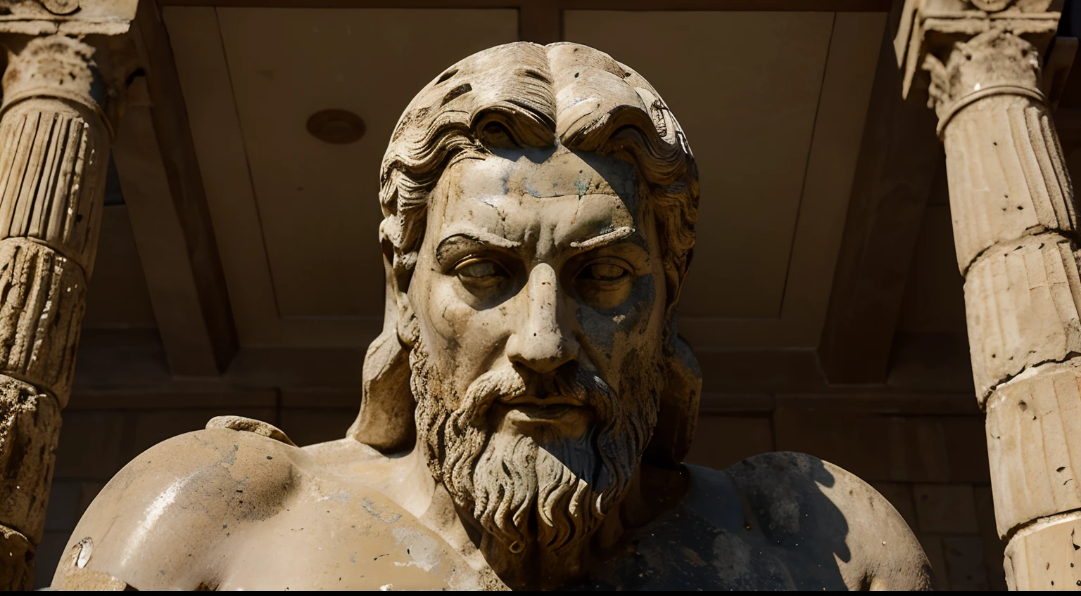 Ancient Stoic Statue With Very Angry Expression, tem barba, muitos detalhes em ambos os olhos, Outside, fundo atenas grego, open sky, com rosto extremamente detalhado full body view, Colors with low saturation with dark tone, Filmado em Sony A7S III com Sony FE 35mm f/1.8, 12.1 MP, --AR 3:2 --estilo cru