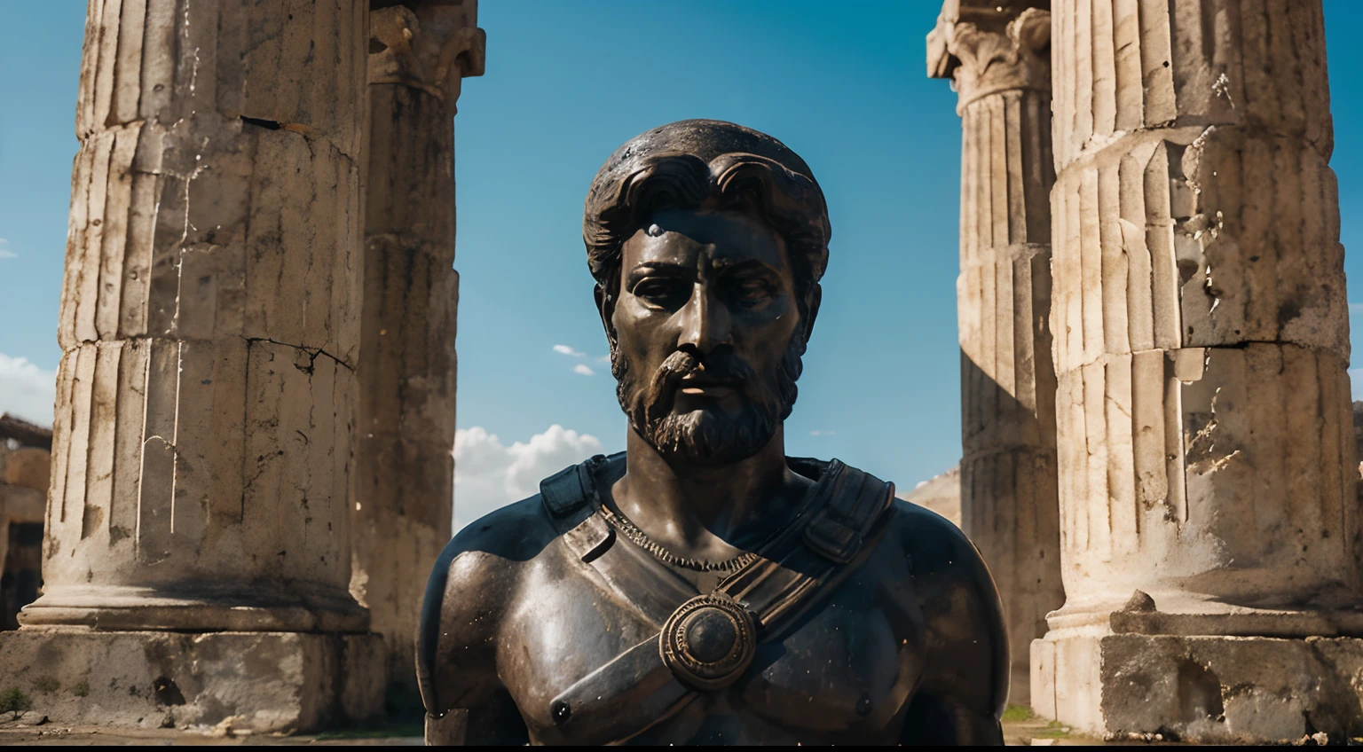 Ancient Stoic Statue With Very Angry Expression, tem barba, muitos detalhes em ambos os olhos, Outside, fundo atenas grego, open sky, com rosto extremamente detalhado full body view, Colors with low saturation with dark tone, Filmado em Sony A7S III com Sony FE 35mm f/1.8, 12.1 MP, --AR 3:2 --estilo cru