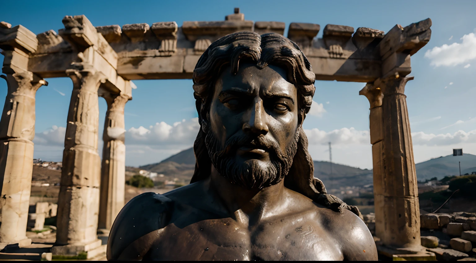 Ancient Stoic Statue With Very Angry Expression, tem barba, muitos detalhes em ambos os olhos, Outside, fundo atenas grego, open sky, com rosto extremamente detalhado full body view, Colors with low saturation with dark tone, Filmado em Sony A7S III com Sony FE 35mm f/1.8, 12.1 MP, --AR 3:2 --estilo cru