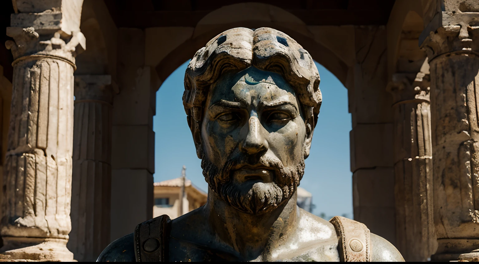 Ancient Stoic Statue With Very Angry Expression, tem barba, muitos detalhes em ambos os olhos, Outside, fundo atenas grego, open sky, com rosto extremamente detalhado full body view, Colors with low saturation with dark tone, Filmado em Sony A7S III com Sony FE 35mm f/1.8, 12.1 MP, --AR 3:2 --estilo cru