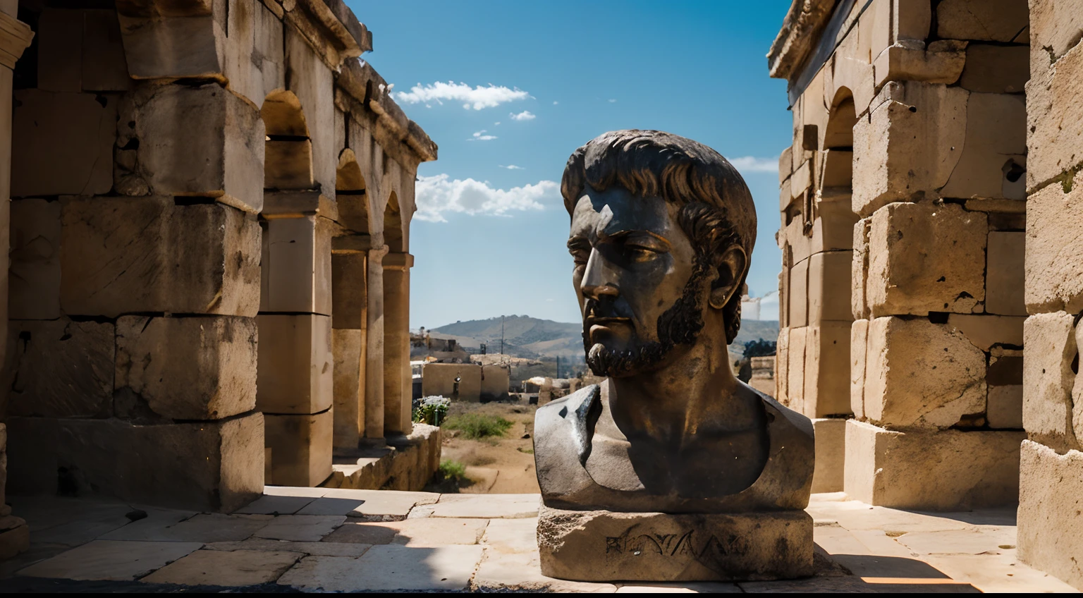 Ancient Stoic Statue With Very Angry Expression, tem barba, muitos detalhes em ambos os olhos, Outside, fundo atenas grego, open sky, com rosto extremamente detalhado full body view, Colors with low saturation with dark tone, Filmado em Sony A7S III com Sony FE 35mm f/1.8, 12.1 MP, --AR 3:2 --estilo cru