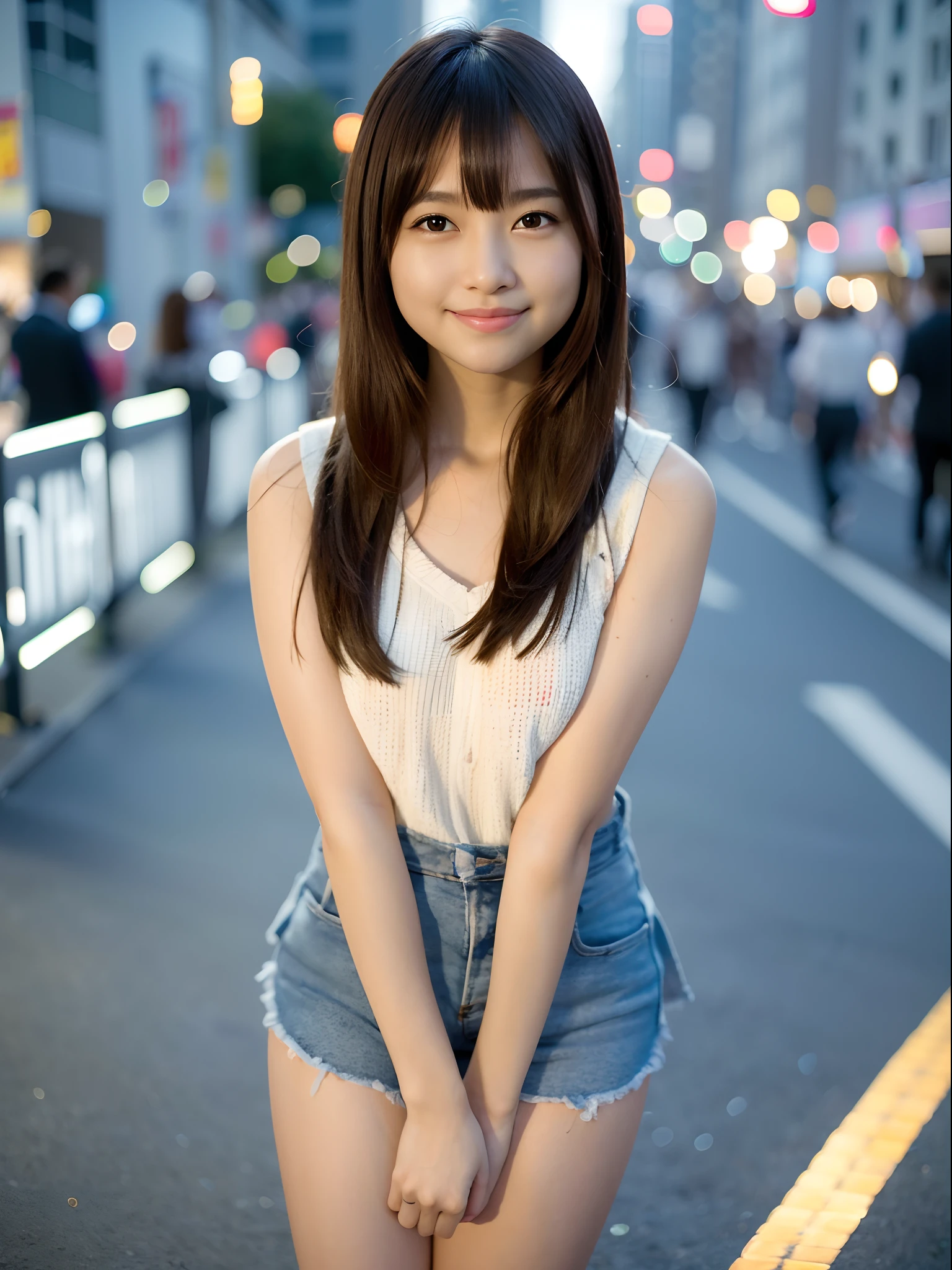 (masterpiece, Highest quality, 8k, High resolution),(Realistic skin texture, Perfect Face, Realistic, Perfect hands, Perfect finger count, Japanese, Girl), (20-year-old), Big Eyes, Brown eyes, Light brown hair, bangs, Bun Hair, Hair Ribbon, Small face, Smile, (Saggy tits, Pussy)), Back alley at night, neon, Are standing, Cute pose, It's raining