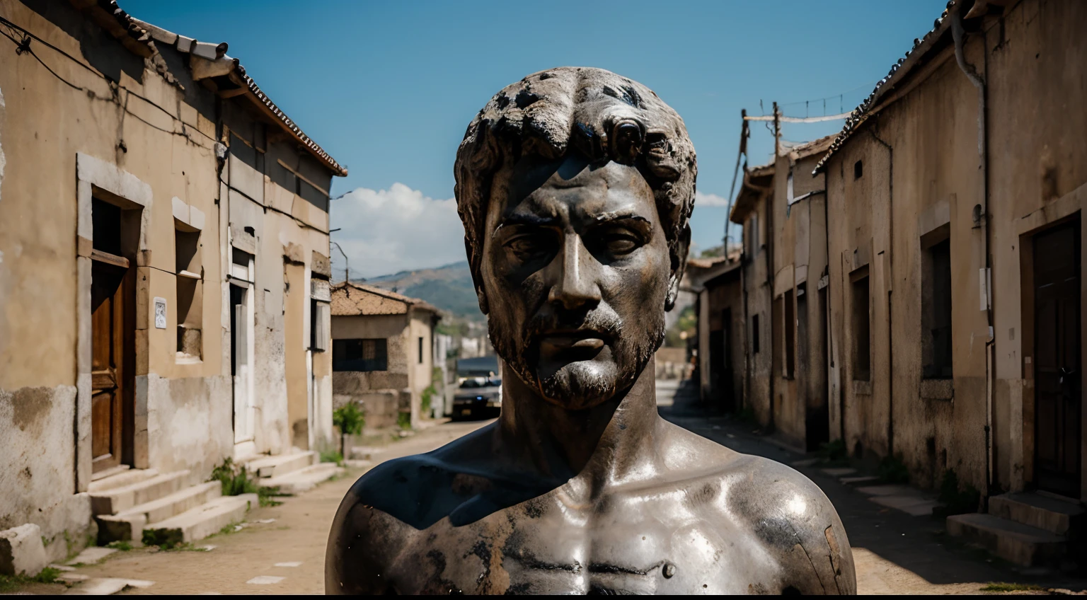 Ancient Stoic Statue With Very Angry Expression, tem barba, muitos detalhes em ambos os olhos, Outside, fundo atenas grego, open sky, com rosto extremamente detalhado full body view, Colors with low saturation with dark tone, Filmado em Sony A7S III com Sony FE 35mm f/1.8, 12.1 MP, --AR 3:2 --estilo cru