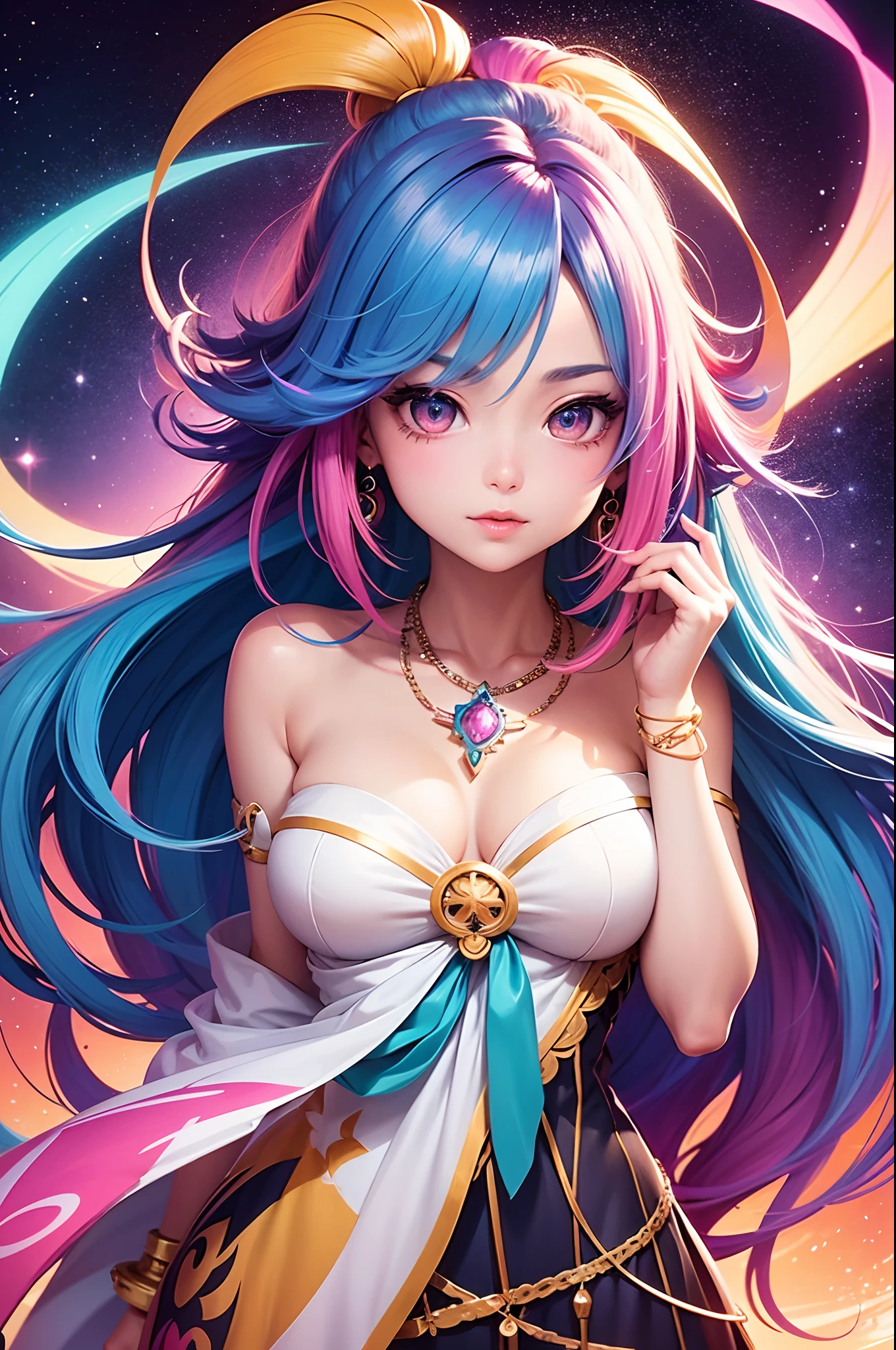 Close-up of a woman with colorful hair and necklace, anime girl with cosmic hair, Rossdraws' soft vibrancy, Gouviz-style artwork, fantasy art style, colorful], vibrant fantasy style, Rossdraws cartoon full of energy, cosmic and colorful, Guweiz, colorful digital fantasy art, stunning art style, beautiful anime style, white skin, night coat, hands behind head