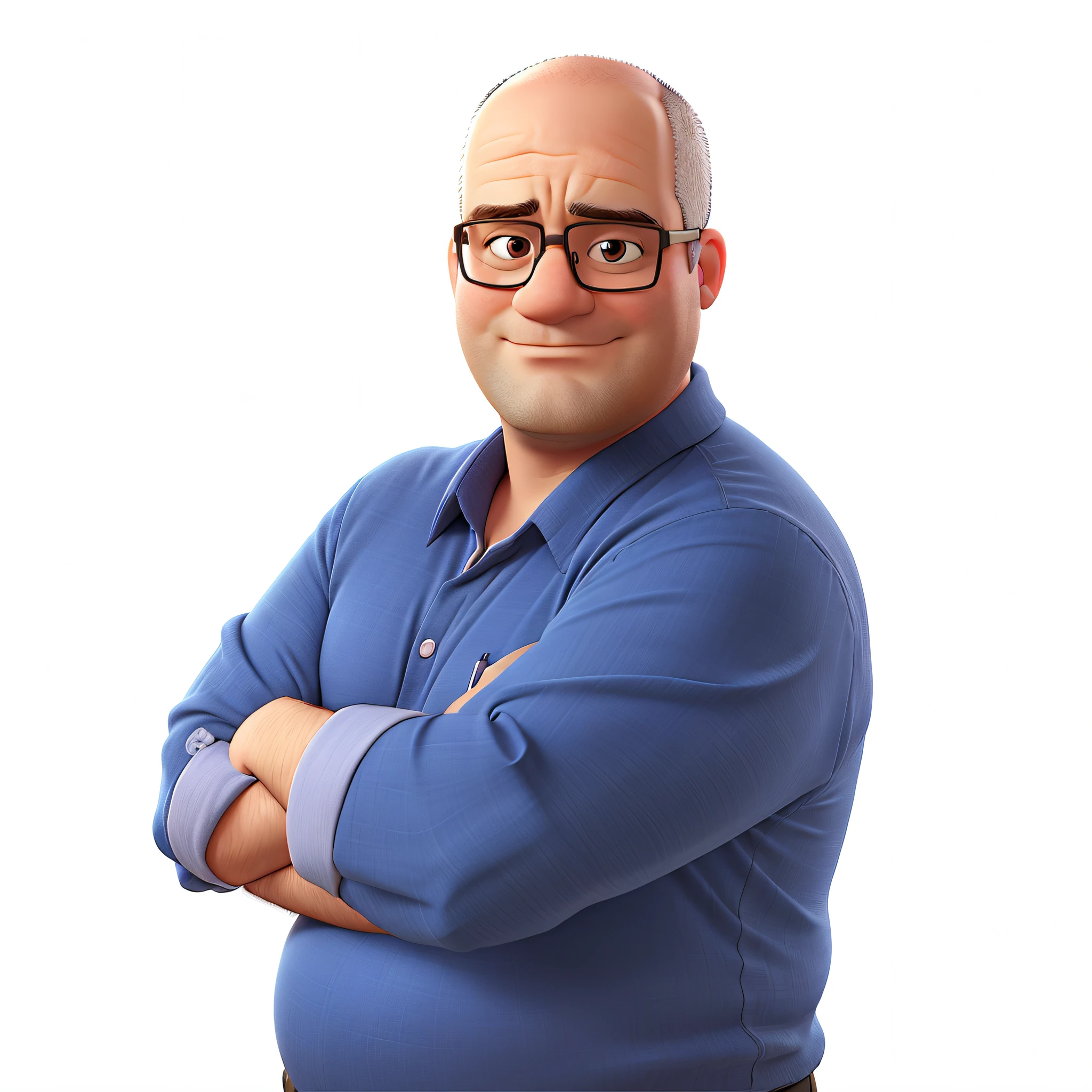 fat man with arms crossed with glasses and bald head on office background