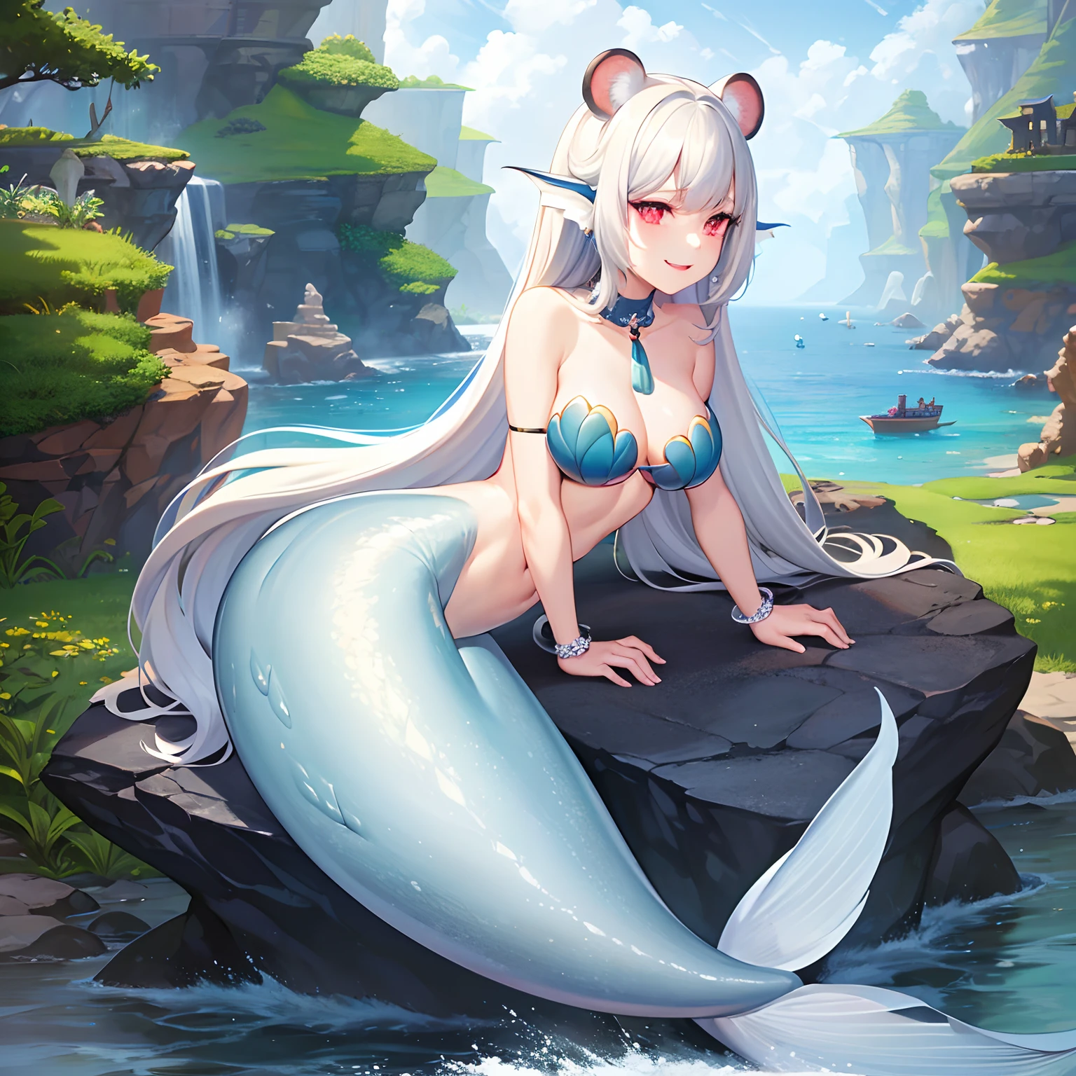 Pretty anthropomorphic mouse girl turned into a mermaid, long fangs, is smiling, drawn in anime style, fishlike, very long curly white hair, red eyes, white fur, slim body, whiskers, mouse ears, long mermaid tail below waistline, pelvic and dorsal fins, a pair of fish gills on her neck, seashells bra, pearl earrings and bracelets, pearl necklace, sitting on a rock, ocean surface, Highly detailed, 4K.