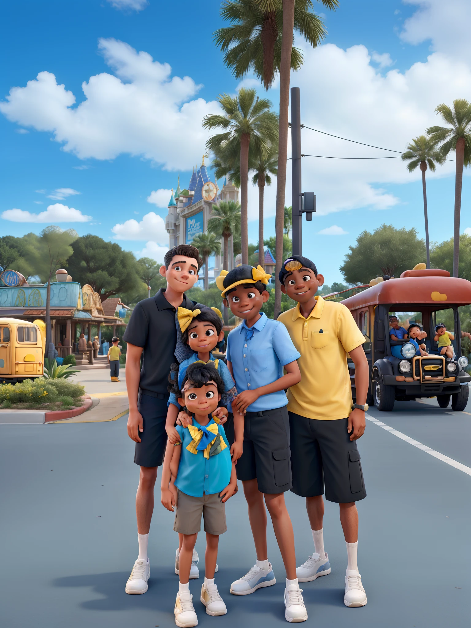 Family of 4 standing in Disney park Hollywood Studios in the background. Man in yellow shirt and black cap, Woman in blue shirt and bow tie on her head, filho de camisa preta e cabelos loiros,  daughter in black shirt and bow tie on her head.