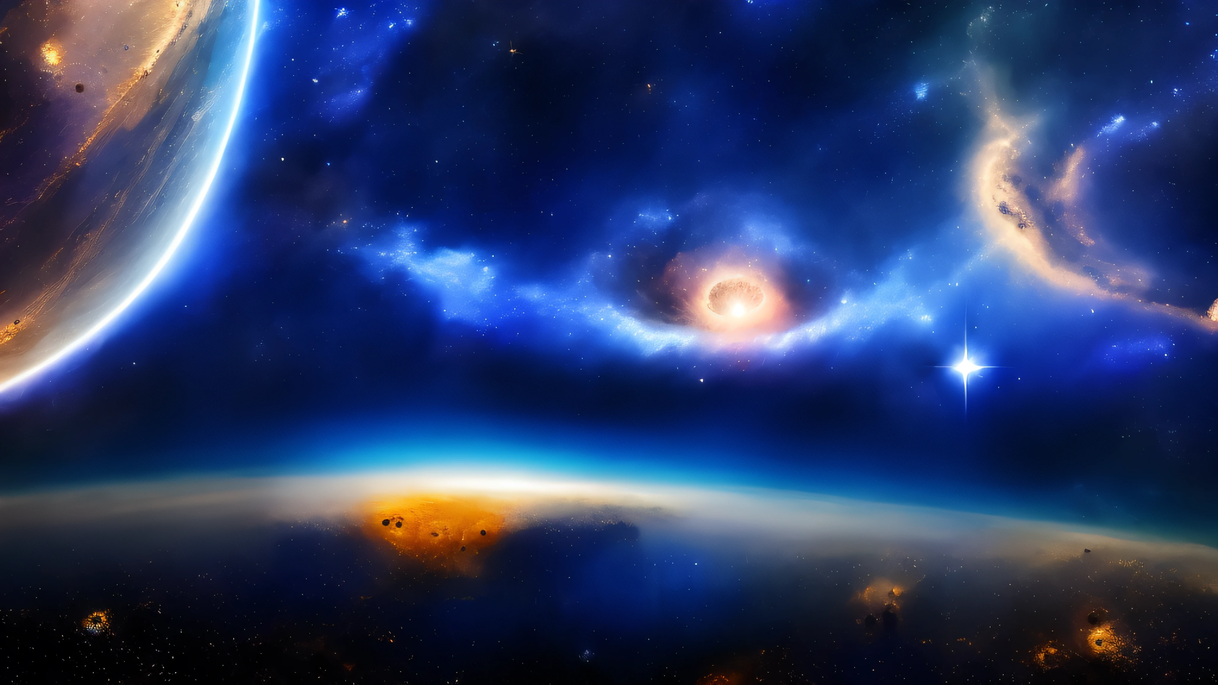 ciel, Nuit, lune, star \(ciel\), paysage, starry night sky, Realstic, espace, planet, galaxie, black hole, Best quality, 4k HD, astronaute de dos, Sitting on Meteorite, regard au loin