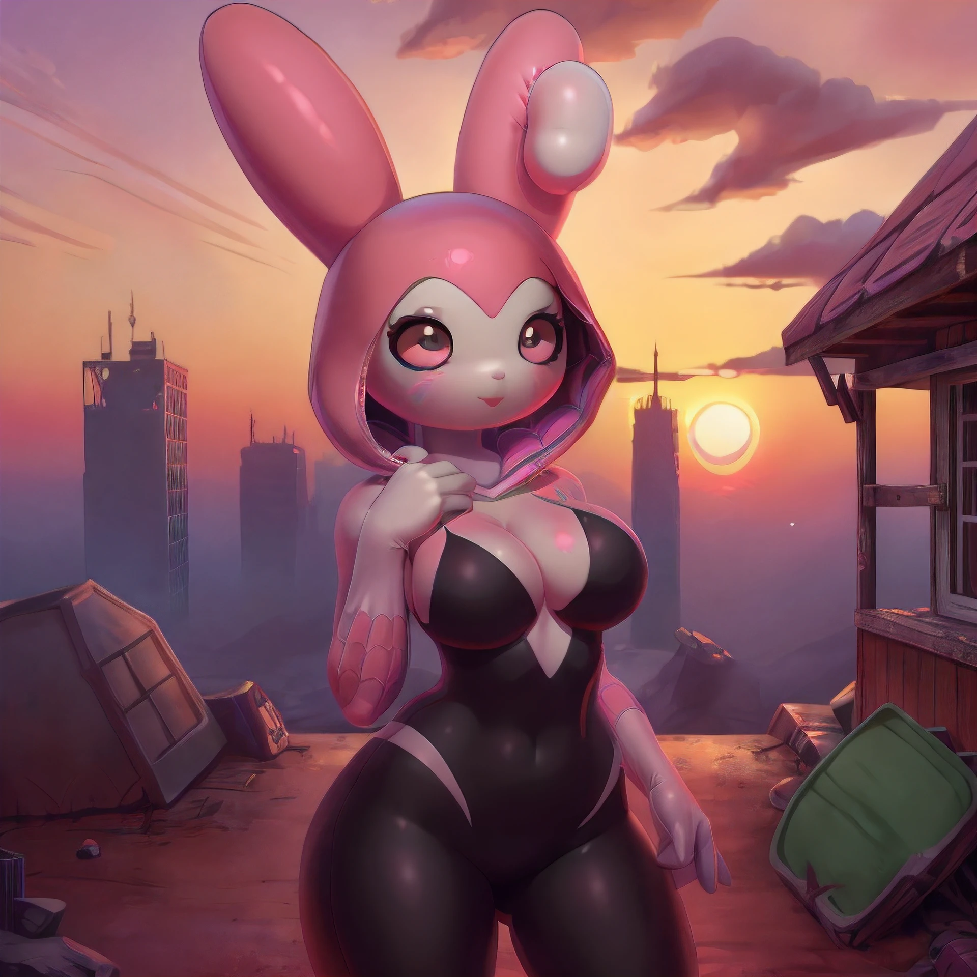 (mymelody), (solo), curvy body, boobs, hooded bodysuit, spidergwen, full body, standing, (pink spider symbol on her chest), (sunset, post-apocalyptic, masterpiece, 8k HD high definition, detailed, hyper detailed, best quality, ultra high res, high resolution