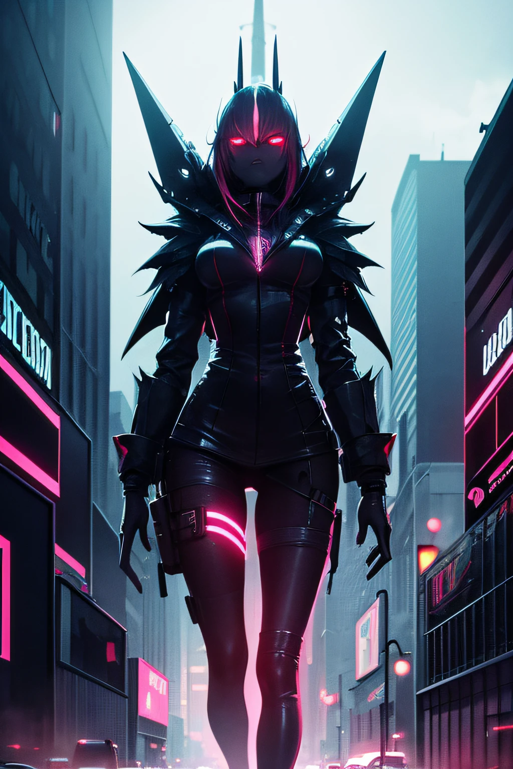 In a "neon-noir" visual theme, a futuristic and gloomy city, where mysterious and frightening creatures are hidden and whose red eyes can be seen