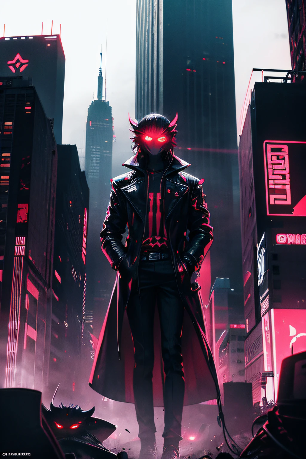 In a "neon-noir" visual theme, a futuristic and gloomy city, where mysterious and frightening creatures are hidden and whose red eyes can be seen