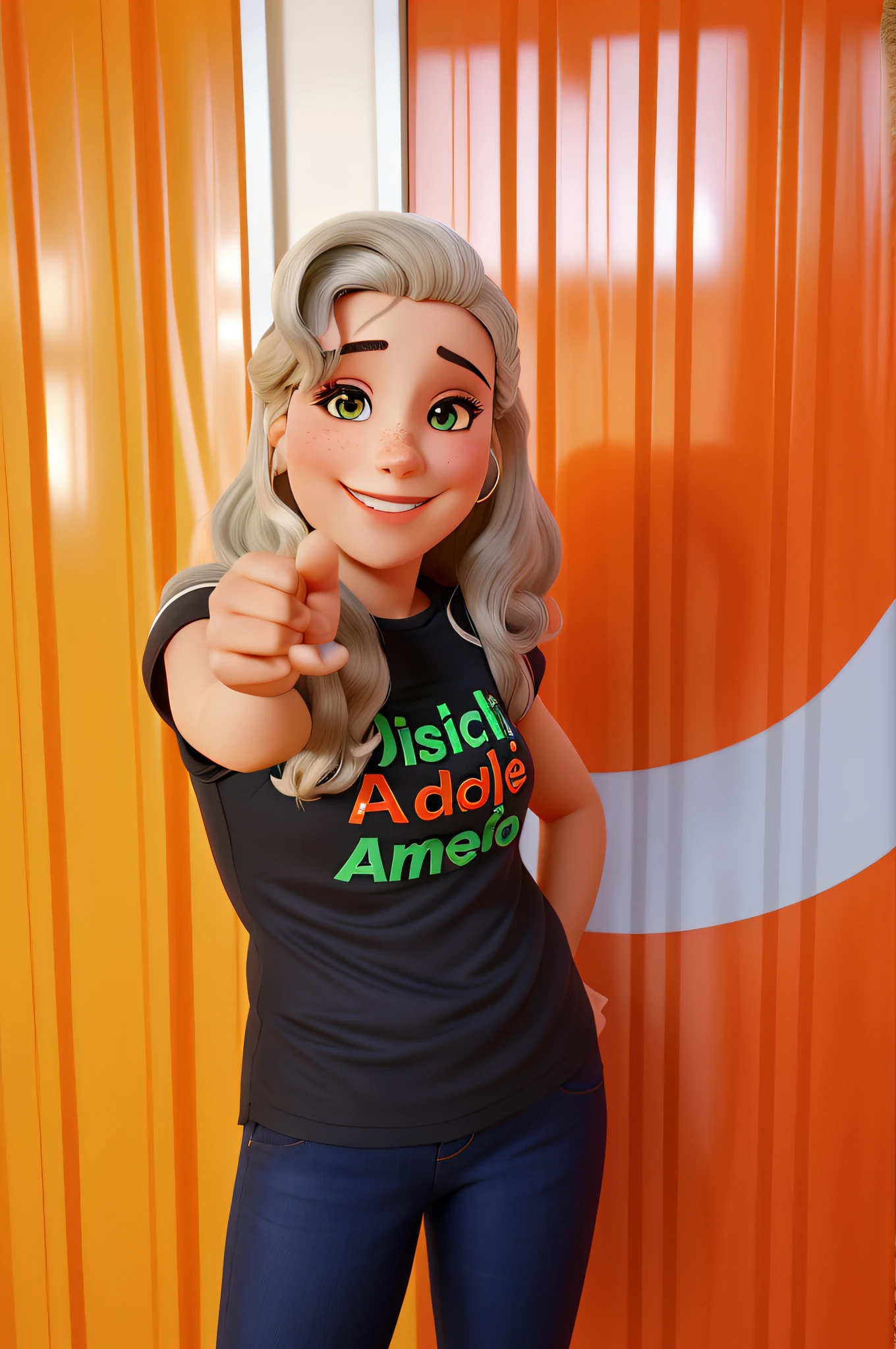 Mulher loira, com o cabelo jogado para o lado esquerdo, aprontando o dedo para a foto e sorrindo