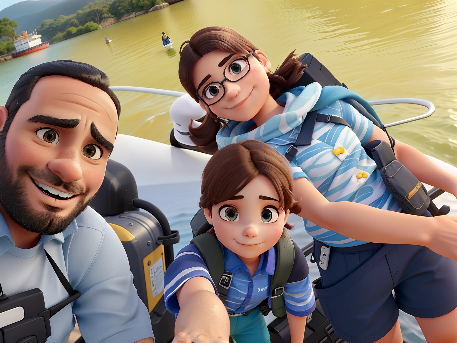 Um homem, uma menina e uma mulher passeando de barco usando coletes salva vidas