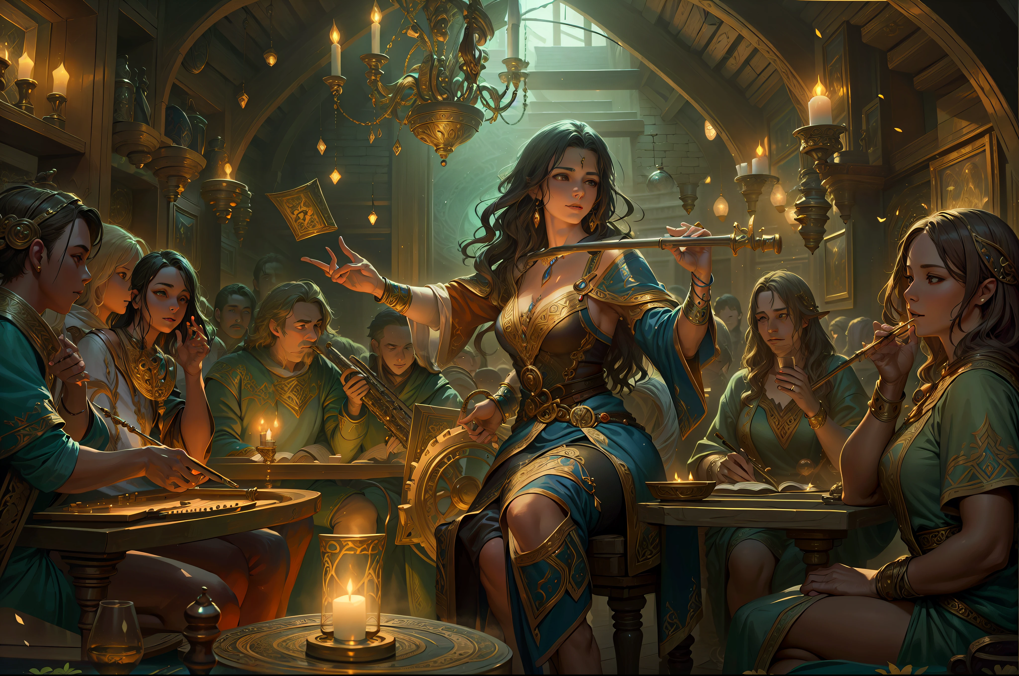 high details, best quality, 8k, [ultra detailed], masterpiece, best quality, (extremely detailed), dynamic angle, ultra wide shot, photorealistic (intricate details, Masterpiece, best quality: 1.5), fantasy art, dnd art, rpg art, realistic art, an ultra wide picture of bard playing the flute in fantasy setting tavern and enchanting the audience , full body, a human female (intense details, Masterpiece, best quality: 1.5) fantasy bard, fantasy enchanter,  playing a flute and enchanting people with magical song, colorful clothes, dynamic clothing, epic beautiful female bard (intense details, Masterpiece, best quality: 1.5), dynamic hair, long hair, wavy hair, tavern full of crowd, many people (intense details, Masterpiece, best quality: 1.5), bard playing flute and enchanting audience  (intense details, Masterpiece, best quality: 1.5), candles lights, fantasy chandelier, magical notes, magical sigils in the air  (intense details, Masterpiece, best quality: 1.5)