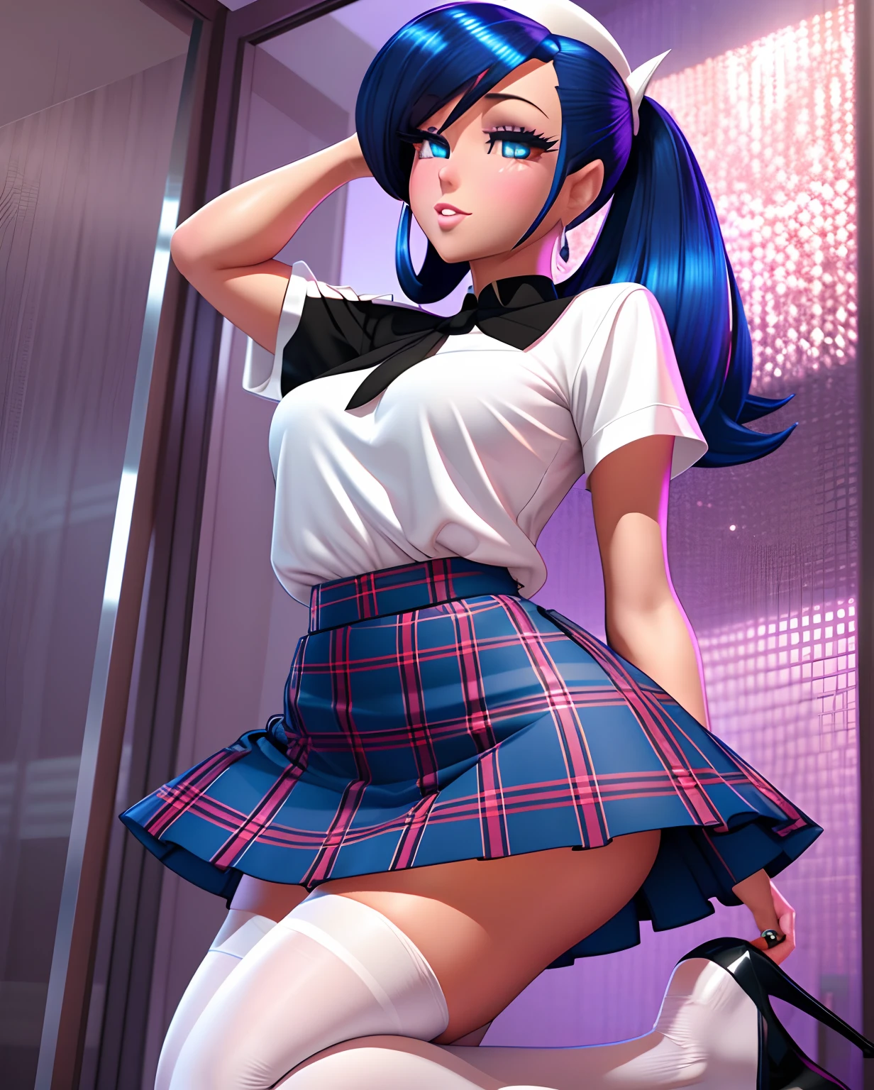 araffe woman in a skirt and high heels posing for a picture, short skirt, wearing skirt and high socks, beautiful short skirt, extra short blue plaid skirt, thighhighs and skirt, thick legs, mini-skirt, short miniskirt, thick thighs, miniskirt, tight attire, white miniskirt, tight outfit, wearing white skirt, hot petite