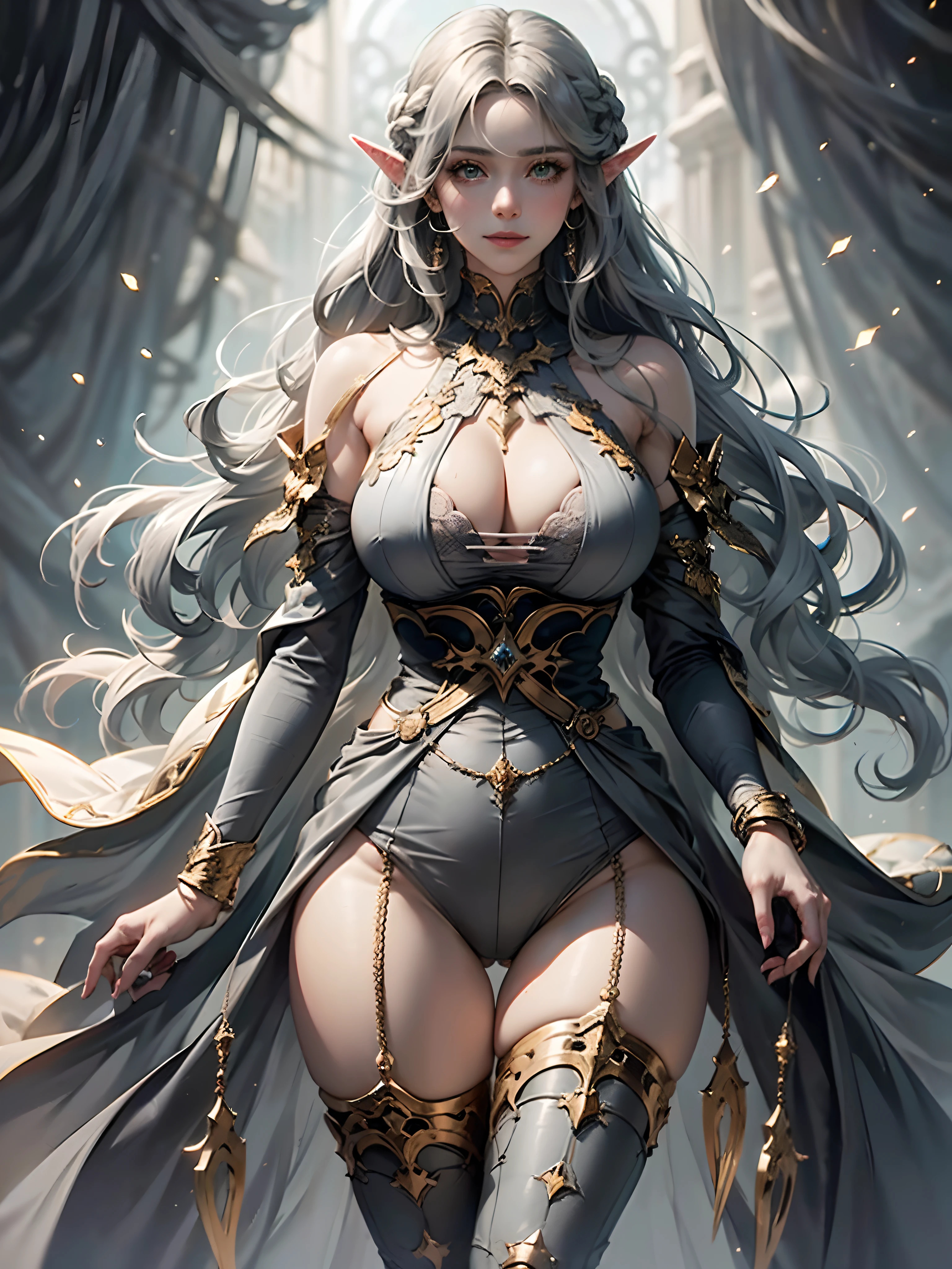 1girl, cowboy shot of a beautiful female dark elf in green flower-gown, (dark-grey skinned:1.5), elf ear, cynical smile, (silver haired, french-braid hair : 1.55), ((wide waist and huge buttocks, thigh gap)), masterpiece, best quality, 8k