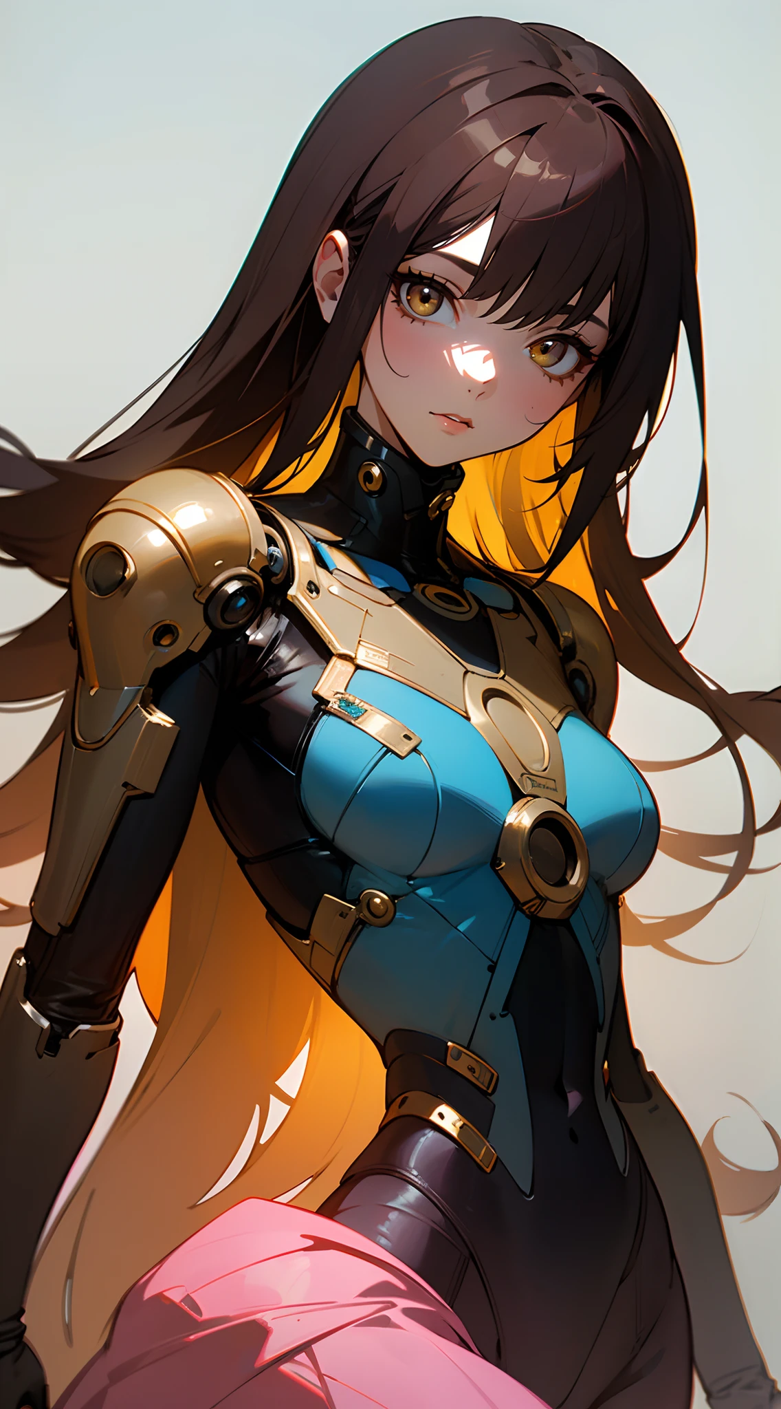 Beautiful woman , very long hair , dark brown hair , gold eyes , lean body , expressive eyes, petite figure, age 26,
in the style of cyberpunk futurism, african influence, etam cru, light blue and gold, michael creese, steelpunk, michael hussar, white background
(masterpiece, best quality:1.3),beautiful detailed glow,best illuminate,(((best quality,textile shading,ultra detailed))),extremely detailed CG unity 8k wallpaper,Highly Detailed beautiful and aesthetic,best light,high resolution,detailed,dynamic lighting , 1Character , pastel washed out colors , cell shade , soft, muted shades ,gentle colors ,