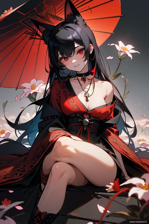 (extremely detailed CG unity 8k wallpaper), (((ultra-detailed))), ((extremely detailed)), (((best illustration))), best illumination, ((extremely delicate and beautiful)), ((an extremely delicate and beautiful girl)), colorful, red sakura trees, park, (((colorful flowers))), ((1 girl, solo)), {{finely detailed beautiful eyes and detailed face}}, sad expression, melancholic smile, long hair, (((black hair))), red eyes, beautiful detailed eyes, mature female, gentle, slender, medium breast, black red fox ears, (black red fox tail), (((intricate details))), (Black and red knee-length kimono dress), medium height black boots, ((black choker with red pendent)), lycoris flower birthmark on neck, sitting, bishoujo, 19_years_old,