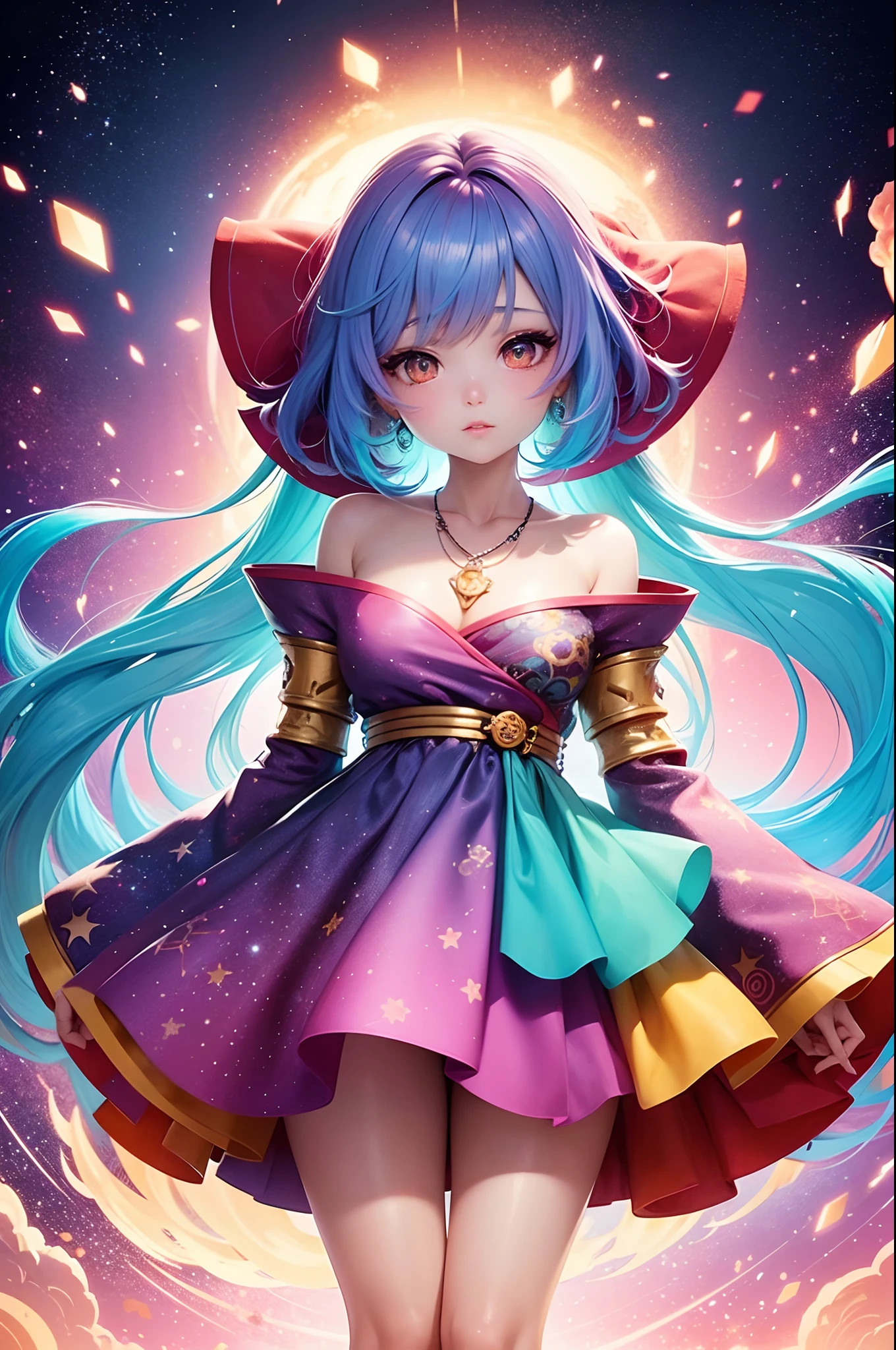 Close-up of a woman with colorful hair and necklace, anime girl with cosmic hair, Rossdraws' soft vibrancy, Gouviz-style artwork, fantasy art style, colorful], vibrant fantasy style, Rossdraws cartoon full of energy, cosmic and colorful, Guweiz, colorful digital fantasy art, stunning art style, beautiful anime style, white skin, night coat, hands behind head