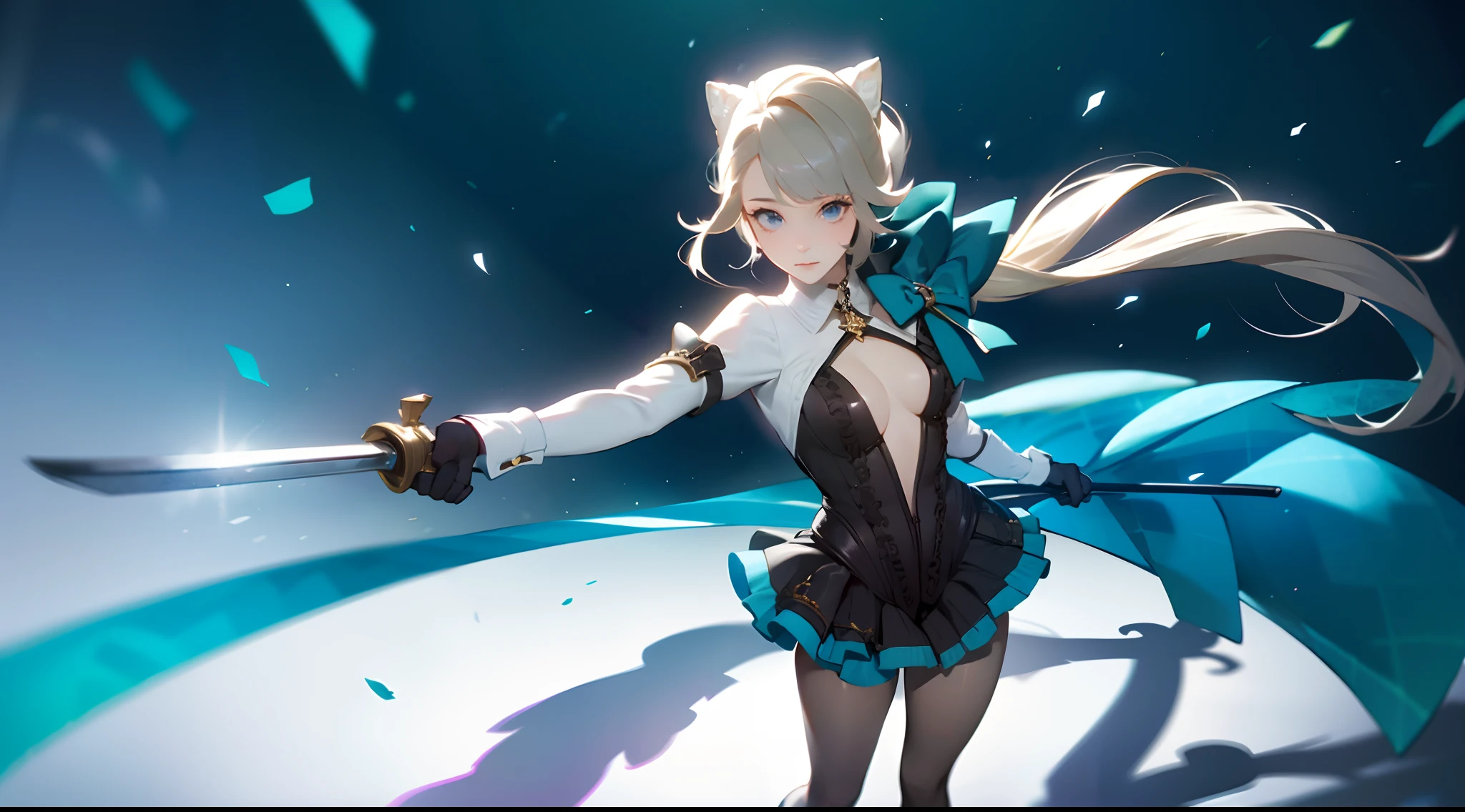 masterpiece, high quality, emotional impact, best shadow, cinematic shot, perfect lighting,(bright), Lynette \(genshin impact\), 1 (mature) female,(holding a sword,looking at viewer:1.3),long hair, hat, solo, bow,  hair bow, feathers, short dress, pantyhose