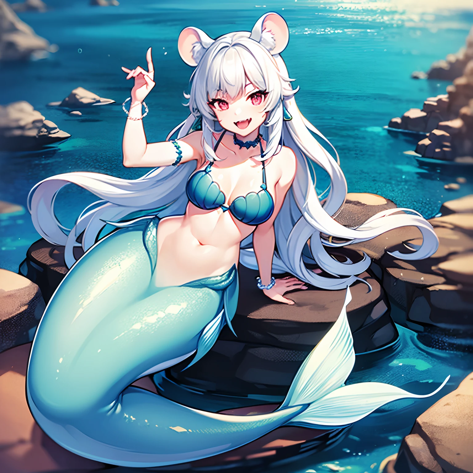 Pretty anthropomorphic mouse girl turned into a mermaid, long fangs, is smiling, drawn in anime style, fishlike, very long curly white hair, red eyes, white fur, slim body, whiskers, mouse ears, long mermaid tail below waistline, pelvic and dorsal fins, a pair of fish gills on her neck, seashells bra, pearl earrings and bracelets, pearl necklace, sitting on a rock, ocean surface, Highly detailed, 4K.