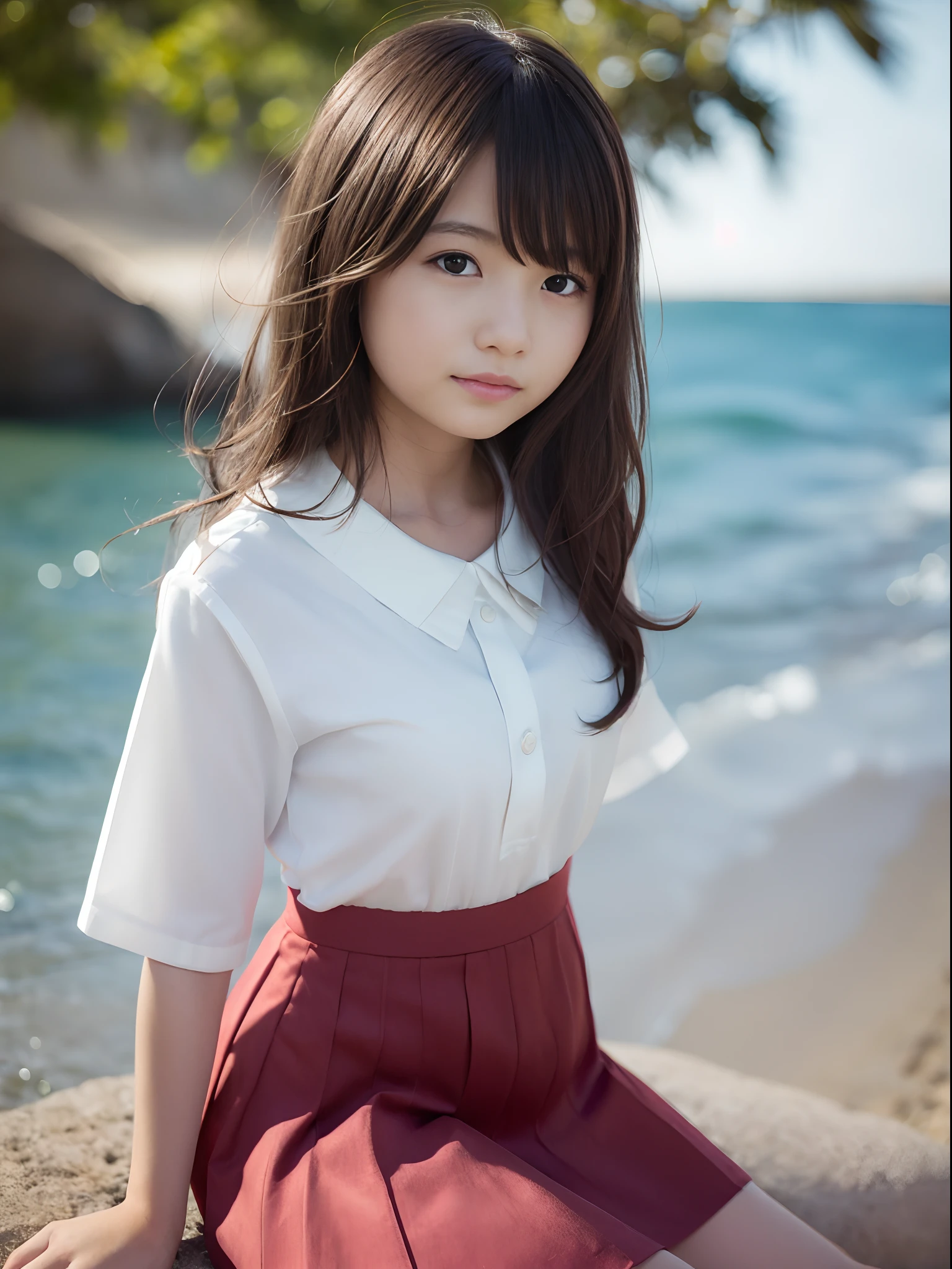 ((masutepiece)), (Professional Photography:1.2), (High Definition:1.3), From Side, Best Quality, 8K, Textured skin, Cinematic lighting, (1girl in), Short stature, ((Cute young girl)), On the coastline, (very dull bangs, Slightly loose curly hair, chest-length hair, High detail with pale silver hair), Very blushing and sad face, (cute green eyes), drooping eyes, Slender waist, (White School Uniform, White blouse), Attach a ribbon with a red string, (Brown skirt), sit on beach, Sunnyday、A smile、Happy smile