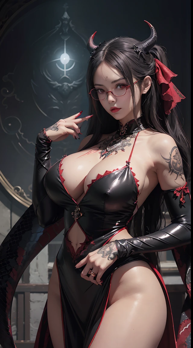 Fine、(The best illustrations)、8k UHD resolution、intricate-detail、top-quality、realisitic、ultra-detailliert、The best lighting、Best Shadows、Soft lighting、Ulutra HD、Ultra-realistic、Tindall Effect、Photorealsitic、(High Detail Skins:1.2)、 (Intricate details, makeup, pureerosface_v1:0.5), (Detailed beautiful delicate face, Detailed beautiful delicate eyes, A perfectly proportioned face, High detailed skin, Detailed skin, best ratio four finger and one thumb, arms below breasts, Tattoo with a red glow under the stomach、Awesome awesome, wide hips, smooth midriff, skiny and thin, __Fashion__, __hair__:1.25)、Digital SLR、 absurderes、1 beautiful devil woman from hell, surreal female portraits by David Hockney and Alphonse Mucha, Portrait of a seductive woman、Fantasy Art, Chinese Doll、Chinese actress、Dungeon、The dragon、Devil's Palace、Devil's Torture Chamber、natta、Dark style 、In the Dark、(Detailed spooky backgrounds:0.8), magia、 1人、Evil Nun、Dark Necromancer、Succubus、Devil's Daughter、Umi Shinonome、Bat Wings,(((Demon Horns)))、 ((((Huge glasses, Otaku Glasses, thick glasses, Round glasses)))),(((Colossal tits)))、(Devil's Tail)、(red eyes glowing:1.6)、red eyes make up very sharp and detailed, The eyes are very well made up, ((Red Eye:1.0)),intricate tattoos, demonic intricate tattoos, thigh tattoos, body tattoos, masterpiece、The most beautiful face、a baby face、Charming smile、plump beautiful red lips、Muscular seductive body、The enchanting body of the devil、devil style、Seductive Black Magic Costume、(((A shiny red snake is wrapped around her body)))、The long-haired、Braids、Black hair、Ponytail distortion、, Ponytail with a bow tied at the back of the hair, Beautiful expression、Body Up、Large breasts emphasis、Bust, Super tight breasts, Breast augmentation surgery, The breasts are very big and round and round,Toned waist、Wide buttocks、 lowkey, cowboy lens, (Black Phoenix Dress: 1.0), devil crown, Red sparkling gemstone necklace、Jewelry Gwise, wearing black mesh socks,Wear light red、nffsw, nffsw, Meet beautiful girls, Look at the girl's body,