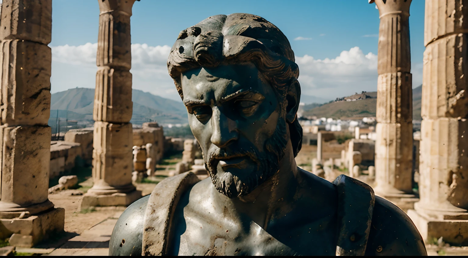Ancient Stoic Statue With Very Angry Expression, tem barba, muitos detalhes em ambos os olhos, Outside, fundo atenas grego, open sky, com rosto extremamente detalhado full body view, Colors with low saturation with dark tone, Filmado em Sony A7S III com Sony FE 35mm f/1.8, 12.1 MP, --AR 3:2 --estilo cru