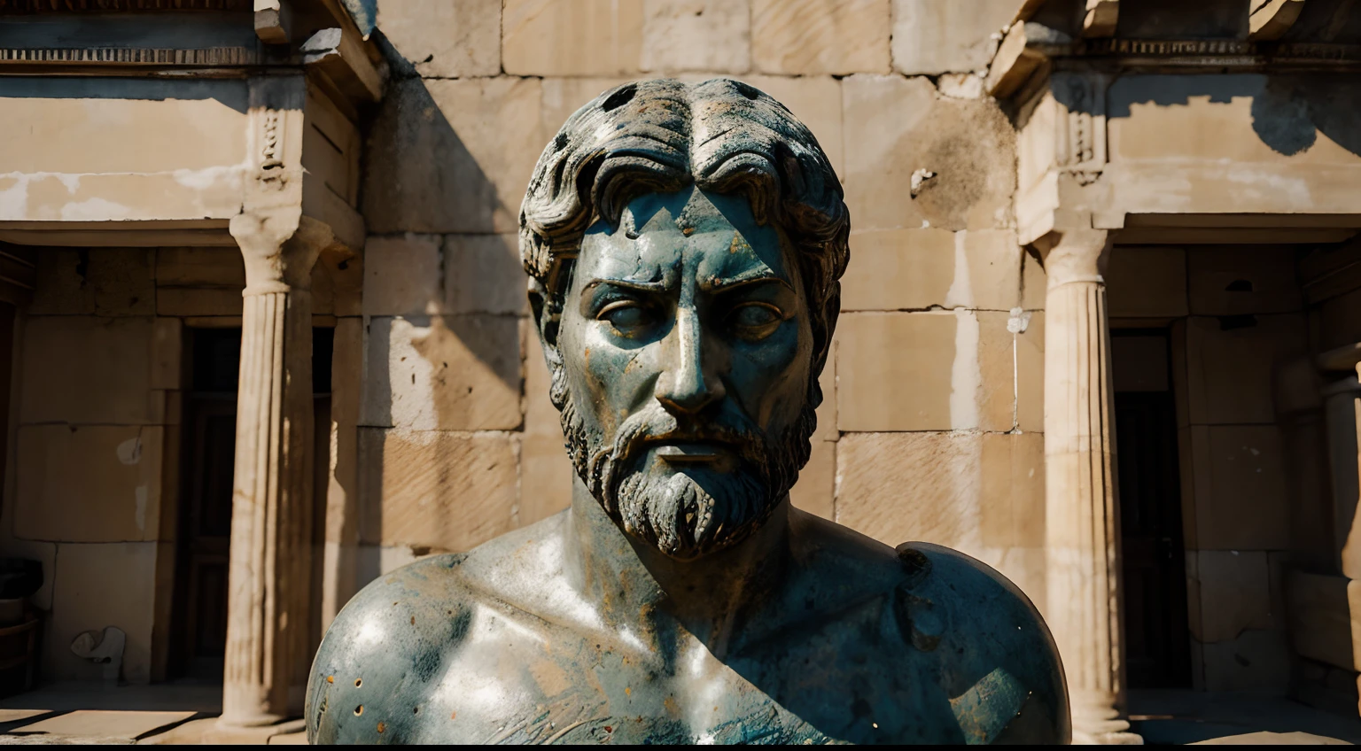 Ancient Stoic Statue With Very Angry Expression, tem barba, muitos detalhes em ambos os olhos, Outside, fundo atenas grego, open sky, com rosto extremamente detalhado full body view, Colors with low saturation with dark tone, Filmado em Sony A7S III com Sony FE 35mm f/1.8, 12.1 MP, --AR 3:2 --estilo cru
