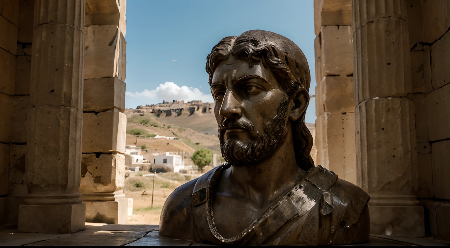 Ancient Stoic Statue With Very Angry Expression, tem barba, muitos detalhes em ambos os olhos, Outside, fundo atenas grego, open sky, com rosto extremamente detalhado full body view, Colors with low saturation with dark tone, Filmado em Sony A7S III com Sony FE 35mm f/1.8, 12.1 MP, --AR 3:2 --estilo cru