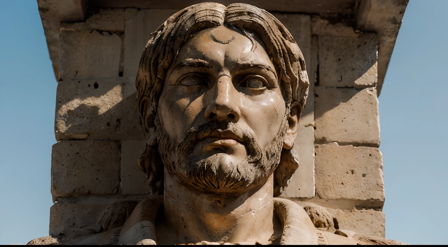 Ancient Stoic Statue With Very Angry Expression, tem barba, muitos detalhes em ambos os olhos, Outside, fundo atenas grego, open sky, com rosto extremamente detalhado full body view, Colors with low saturation with dark tone, Filmado em Sony A7S III com Sony FE 35mm f/1.8, 12.1 MP, --AR 3:2 --estilo cru