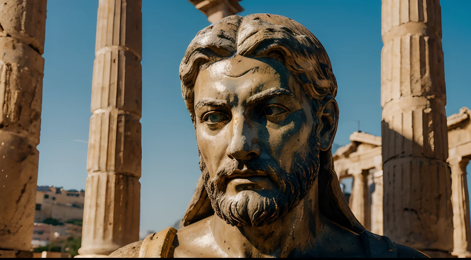Ancient Stoic Statue With Very Angry Expression, tem barba, muitos detalhes em ambos os olhos, Outside, fundo atenas grego, open sky, com rosto extremamente detalhado full body view, Colors with low saturation with dark tone, Filmado em Sony A7S III com Sony FE 35mm f/1.8, 12.1 MP, --AR 3:2 --estilo cru