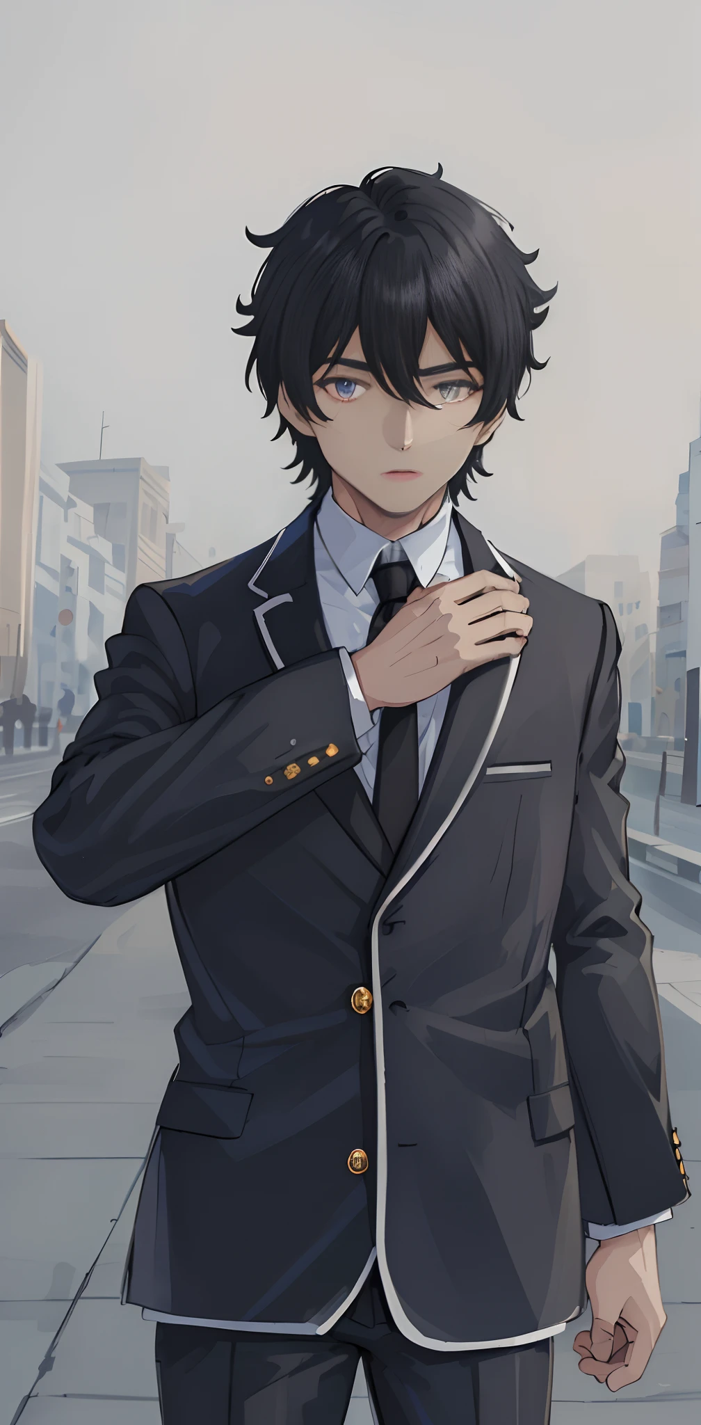1chico, de cabello medio corto, traje elegante negro, black pant, ojos azules, pose mano derecha en el pecho