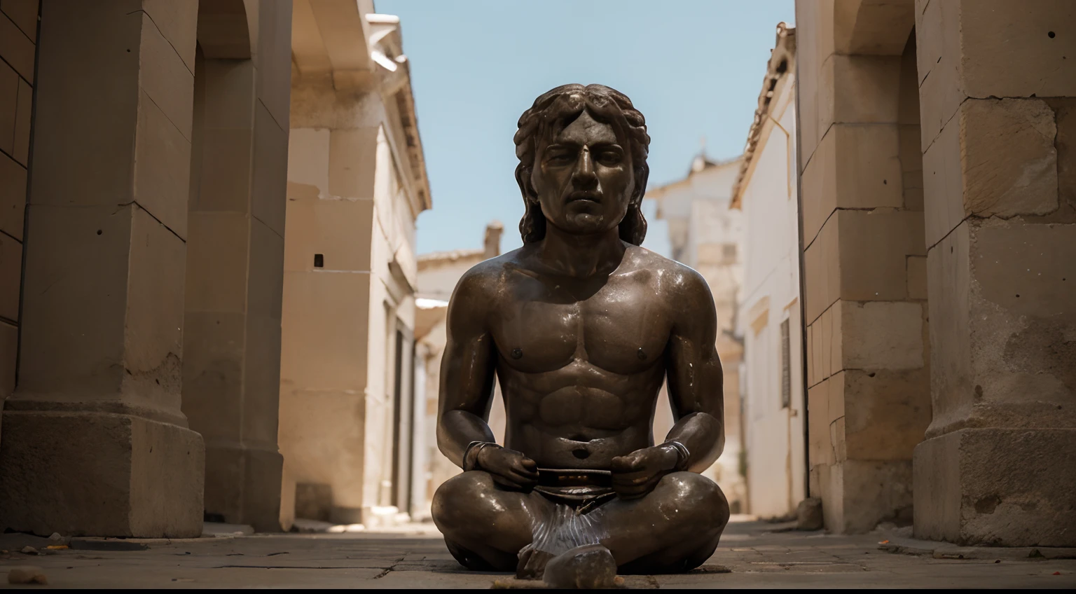Ancient Stoic Statue With Very Angry Expression, tem barba, muitos detalhes em ambos os olhos, Outside, fundo atenas grego, open sky, com rosto extremamente detalhado full body view, Colors with low saturation with dark tone, Filmado em Sony A7S III com Sony FE 35mm f/1.8, 12.1 MP, --AR 3:2 --estilo cru