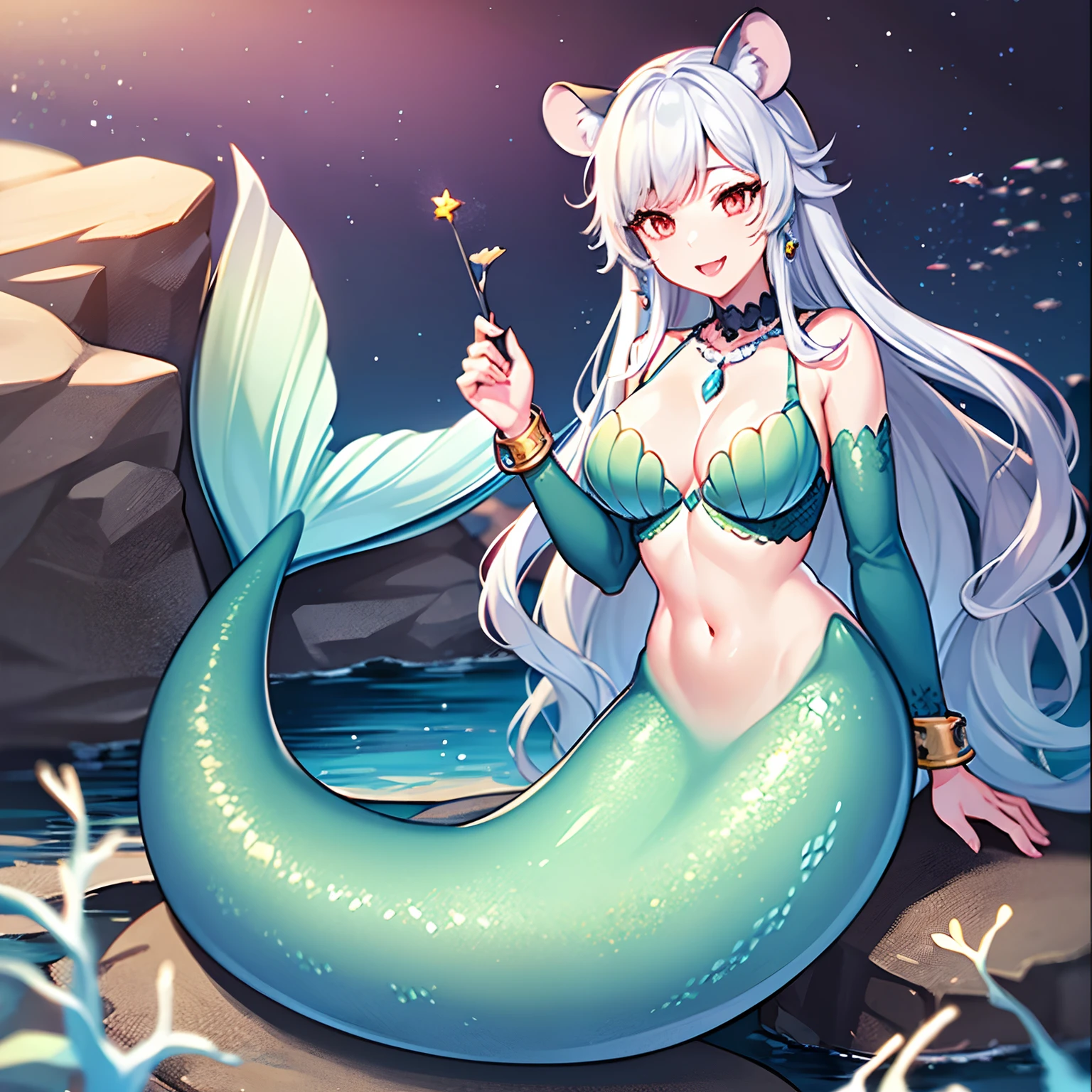 Pretty anthropomorphic mouse girl turned into a mermaid, long fangs, is smiling, drawn in anime style, fishlike, very long curly white hair, red eyes, white fur, slim body, whiskers, mouse ears, long mermaid tail below waistline, pelvic and dorsal fins, a pair of fish gills on her neck, seashells bra, pearl earrings and bracelets, pearl necklace, sitting on a rock, ocean surface, Highly detailed, 4K.