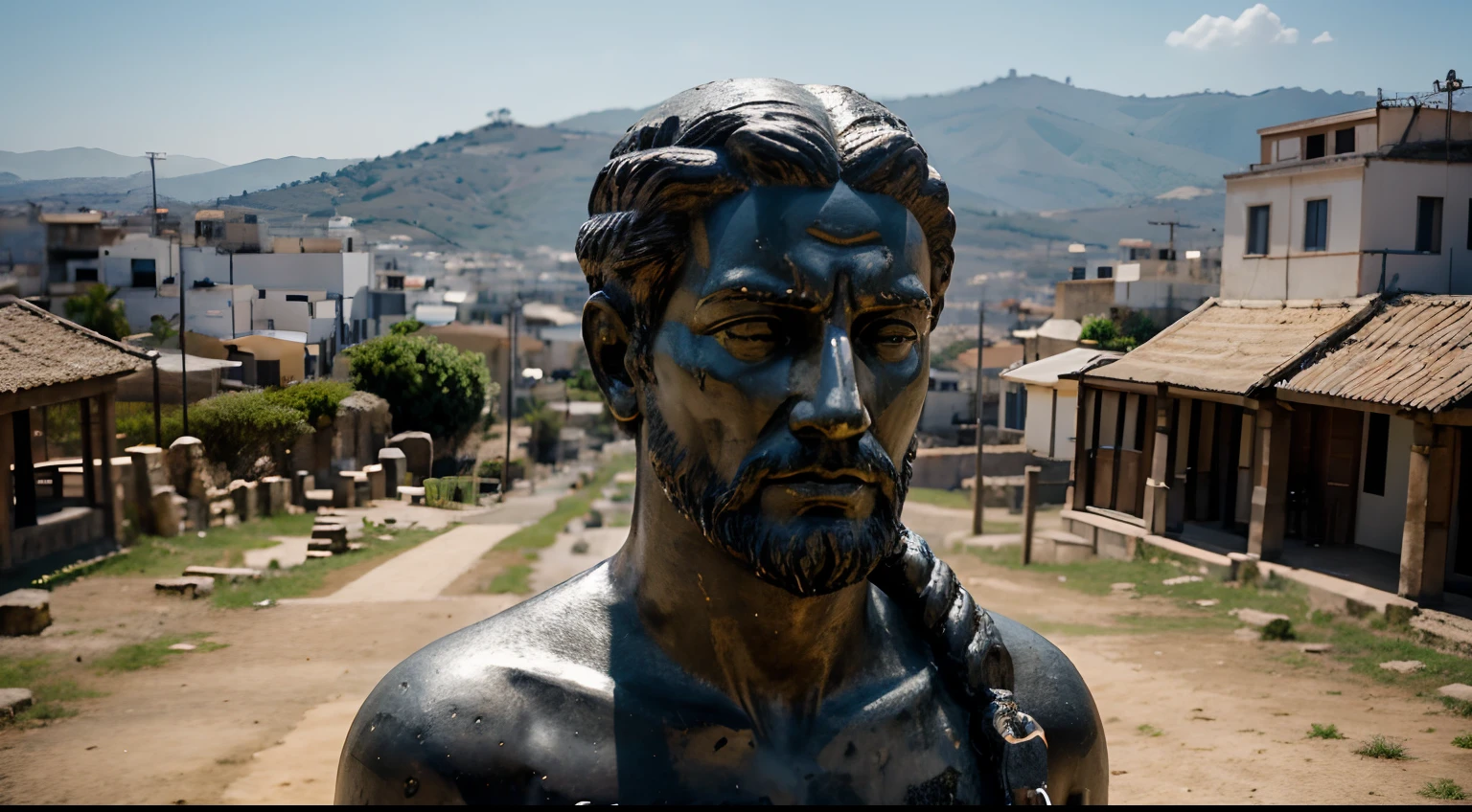Ancient Stoic Statue With Very Angry Expression, tem barba, muitos detalhes em ambos os olhos, Outside, fundo atenas grego, open sky, com rosto extremamente detalhado full body view, Colors with low saturation with dark tone, Filmado em Sony A7S III com Sony FE 35mm f/1.8, 12.1 MP, --AR 3:2 --estilo cru