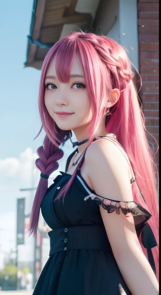 high-level image quality、anime girl with long hair and black dress posing for picture、up close shot、(A smile:1.5)、sayori, Anime visuals of cute girls, anime moe art style, in dress, anime girl wearing a black dress, pretty anime girl, (Anime Girl), Cute anime girl, Cute anime waifu in a nice dress, charming anime girls, Beautiful anime girl, Rin, Smooth Anime CG Art、(Pink hair), Ear Hair, small tits, Single braid, (Single braid), (Side braid)