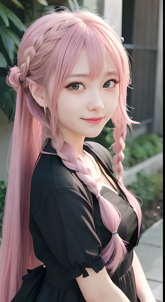high-level image quality、anime girl with long hair and black dress posing for picture、up close shot、(A smile:1.5)、sayori, Anime visuals of cute girls, anime moe art style, loli in dress, anime girl wearing a black dress, pretty anime girl, (Anime Girl), Cute anime girl, Cute anime waifu in a nice dress, charming anime girls, Beautiful anime girl, Rin, Smooth Anime CG Art、(Pink hair), Ear Hair, small tits, Single braid, (Single braid), (Side braid)