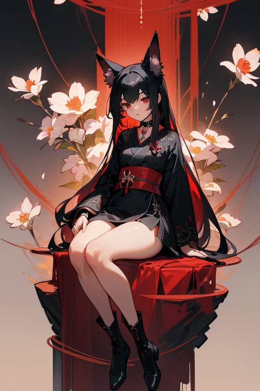 (extremely detailed CG unity 8k wallpaper), (((ultra-detailed))), ((extremely detailed)), (((best illustration))), best illumination, ((extremely delicate and beautiful)), ((an extremely delicate and beautiful girl)), colorful, re sakura trees, park, (((colorful flowers))), blood particles, ((1 girl, solo)), {{finely detailed beautiful eyes and detailed face}}, smile, long hair, (((black hair))), red eyes, beautiful detailed eyes, mature female, slender, medium breast, black red fox ears, (black red fox tail), (((intricate details))), (Black and red knee-length kimono dress), black knee thighs, medium height black boots with medium heel, ((black choker with red pendent)), lycoris flower birthmark on neck sitting, bishoujo, 19_years_old,
