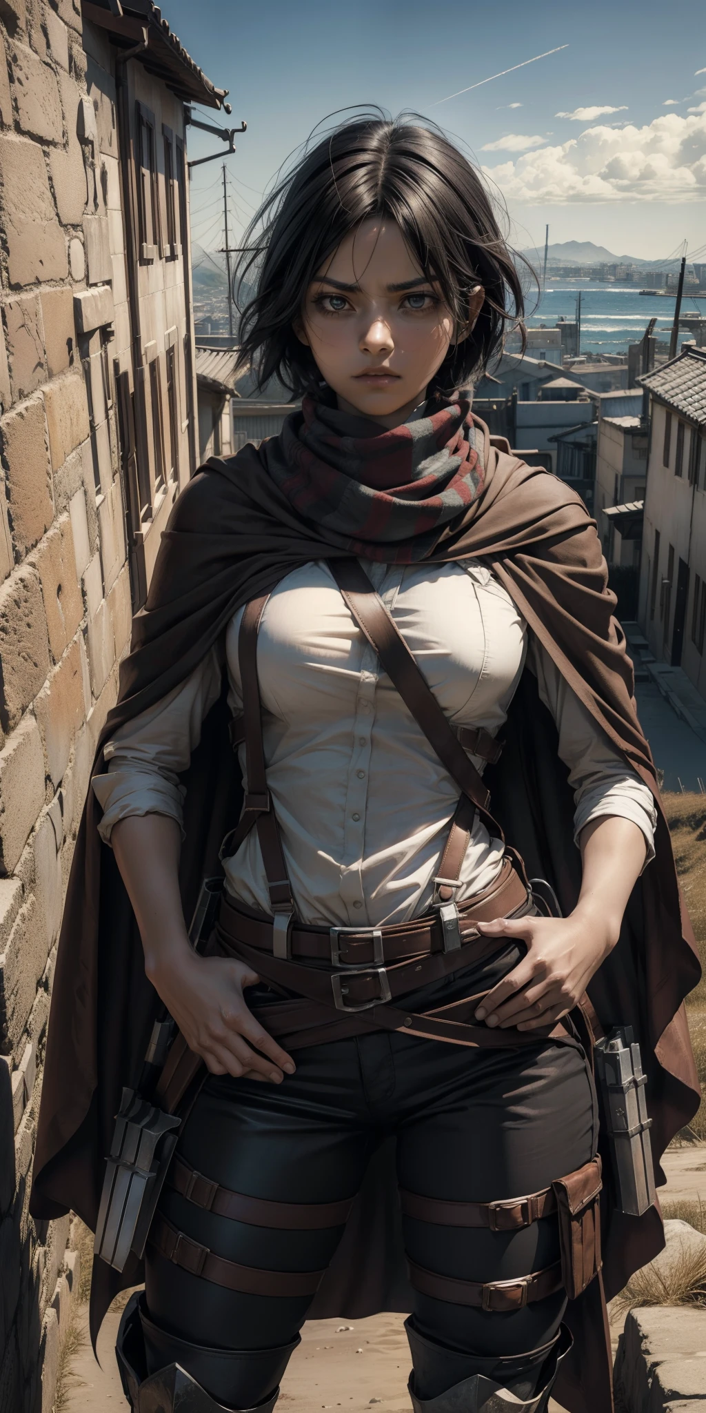 (8k, RAW photo, best quality, masterpiece:1.2), (realistic, photorealistic:1.37), ultra-detailed, 1 girl, cute, solo, upper body shot, (A Mikasa Ackerman cosplay is a striking portrayal of the Attack on Titan character. It includes a short black wig, a white shirt, a black scarf, a brown harness, and a Survey Corps cape. The distinctive feature is the 3D Maneuver Gear, complete with twin blades. With a stoic expression and fierce determination, the cosplayer captures Mikasa's warrior spirit in this iconic look), curvaceous but slender body, wavy hair, hair ornaments, standing, hands on hips, contrapposto, big gorgeous eyes, serious, parted lips, realism, vibrant, bold, ultra-detailed, natural lighting, (standing on the wall maria with city of shiganshina in the background with elaborate details in the afternoon)