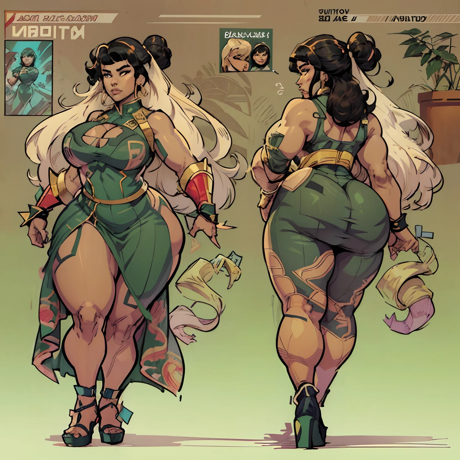 fighting game character ((character concept art)), ((character design sheet, same character, front, side, back))
Close-up of a woman in a long qipao dress, dark brown skin, (thick thighs), wide body, (chubby), earrings, Detailed black and blonde hair with bangs, long curly hair, video game character design, accessories
Expert high detail concept art, comic book style, intricate comic book outline line work, flat colors, concept art, solid background