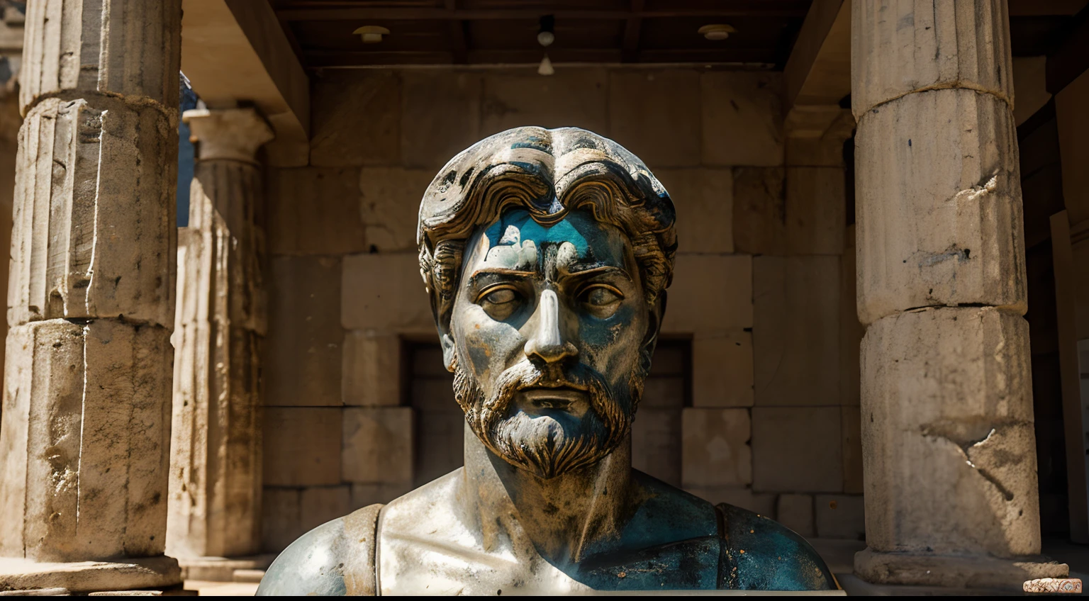Ancient Stoic Statue With Very Angry Expression, tem barba, muitos detalhes em ambos os olhos, Outside, fundo atenas grego, open sky, com rosto extremamente detalhado full body view, Colors with low saturation with dark tone, Filmado em Sony A7S III com Sony FE 35mm f/1.8, 12.1 MP, --AR 3:2 --estilo cru