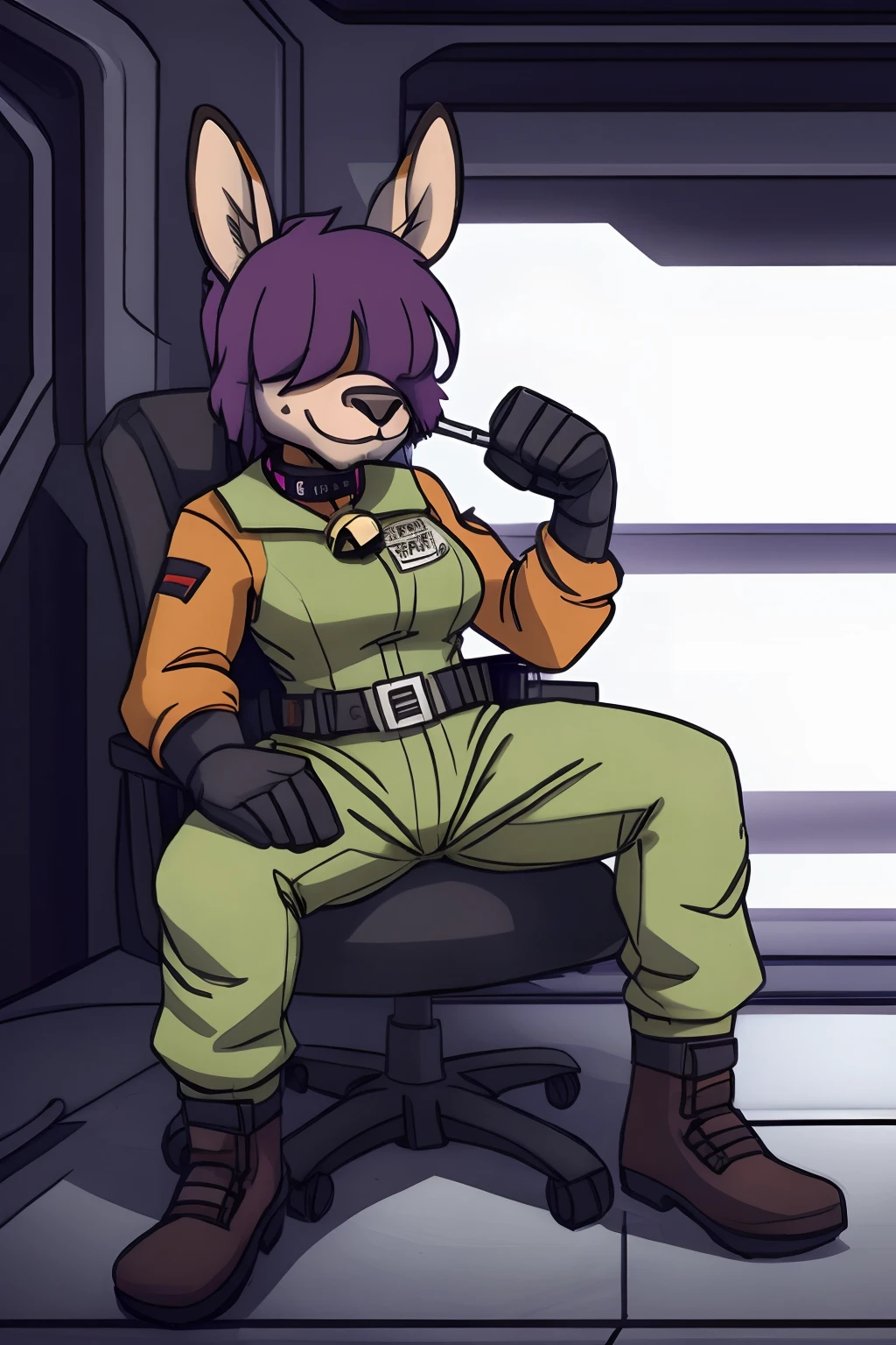 portrait of a (((androgyne))), perfect lighting, furry, anthro, furry art, ((portrait)), Female kangaroo, kangaroo, (two-toned fur), yellow fur, white fur on bell, hyena spots, hyena spots on ears, hyena spots on legs, hyena spots on kangaroo tail, brown mottled upper legs, white breast, brown mottled elbows, brown spots on elbows,armpit hair, armpit brown hair, brown spots on upper legs, brown markings on hips, brown markings on elbows, brown markings on upper legs, furry body, fur on body, brown legs from foot to knee, body fur, animal nose, kangaroo nose, yellow muzzle, kangaroo ears, kangaroo pouch on belly, detaled face, detaled snout, andromorph, fit body, long legs, perfect masculine body, tomboy, slitly muscilar, detailed fur, hairy belly, detailed face, masculine face, Tall, long dark brown hair, messy hair, hair over face, long purple bangs over eyes, two colored hair, purple bangs, no visible eyes, hair over eyes, purple bangs covering eyes, brown curly hair, brown mullet, tied hair on back, Wide hips, big legs, C cup breasts, kangaroo tail, black ended tail, brown end of tail, black tips of ears, detail kangaroo tail, kangaroo like tail, long tail, muscular tail, little fluff on tail, dog collar, cow bell on collar, cow bell, one tail, androgyne, little fat on belly, no eyes, purple bangs, long bangs, long bangs covering eyes, long purple bangs over eyes, belt, mechanic outfit, spaceship room background, works on pipes, pipes, tools, holding tools, wires, hold screwdriver, wear cargo olive jumpsuit, one piece outfit, mechanic jumpsuit, zippered cloth, uniform, space uniform, space pilot uniform, spacesuit, green clothes, red ornaments on clothes, hold tool, red and olive green clothes, stand over a chair, leaning on a chair, chair, spaceship chair